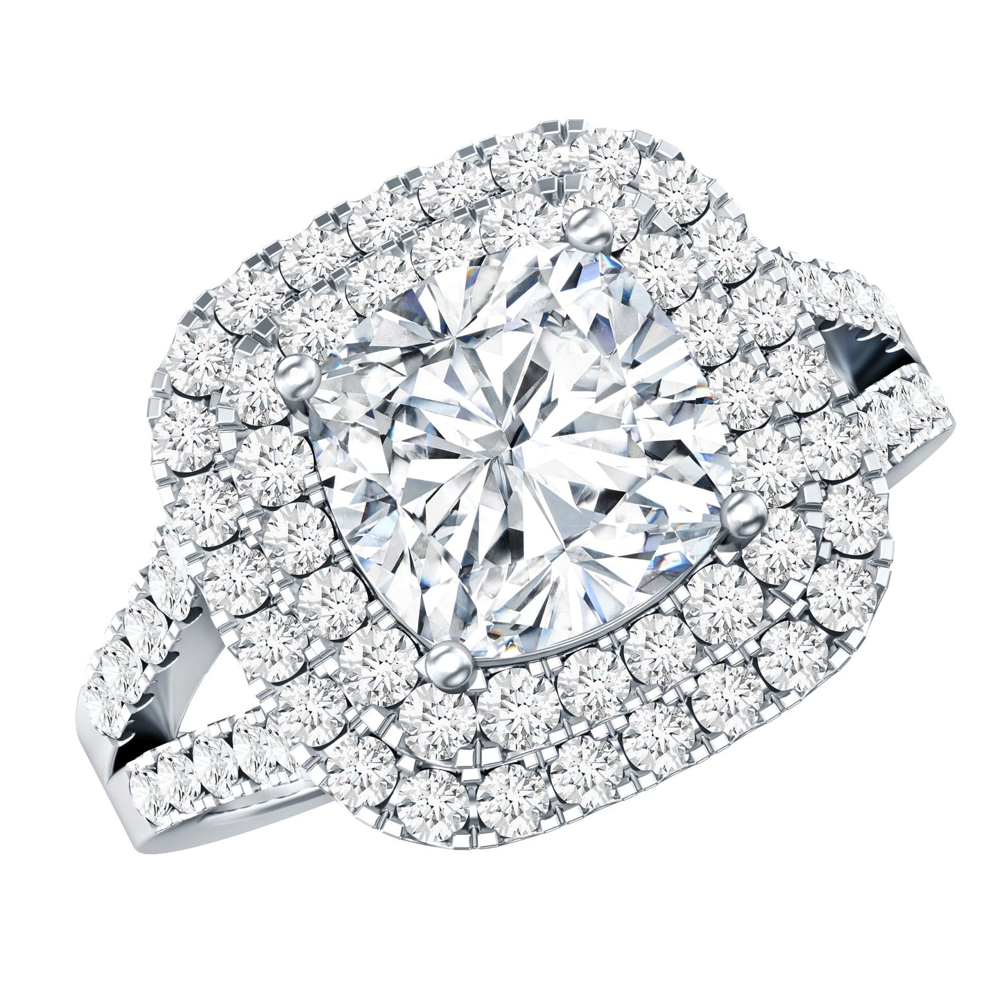 Certified Cushion Cut Moissanite Double Halo Engagement Ring
