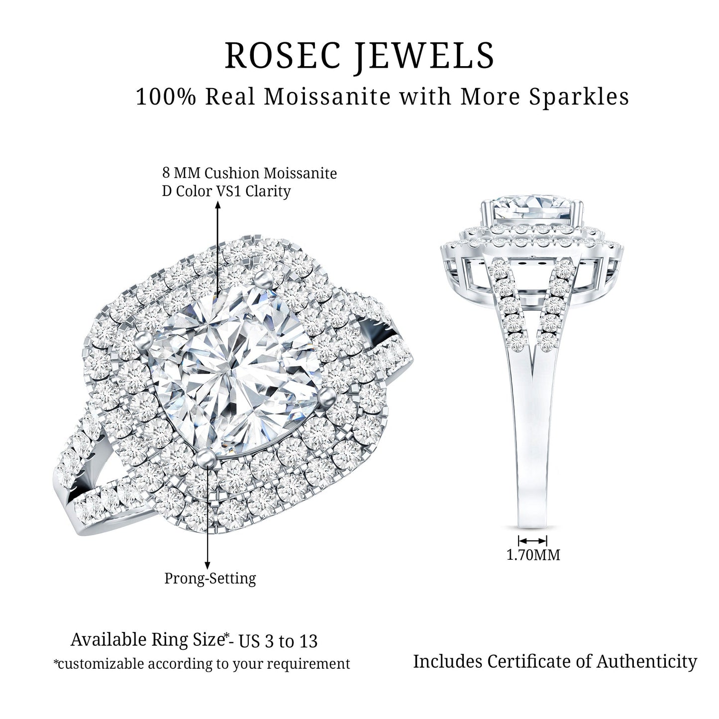 Certified Cushion Cut Moissanite Double Halo Engagement Ring