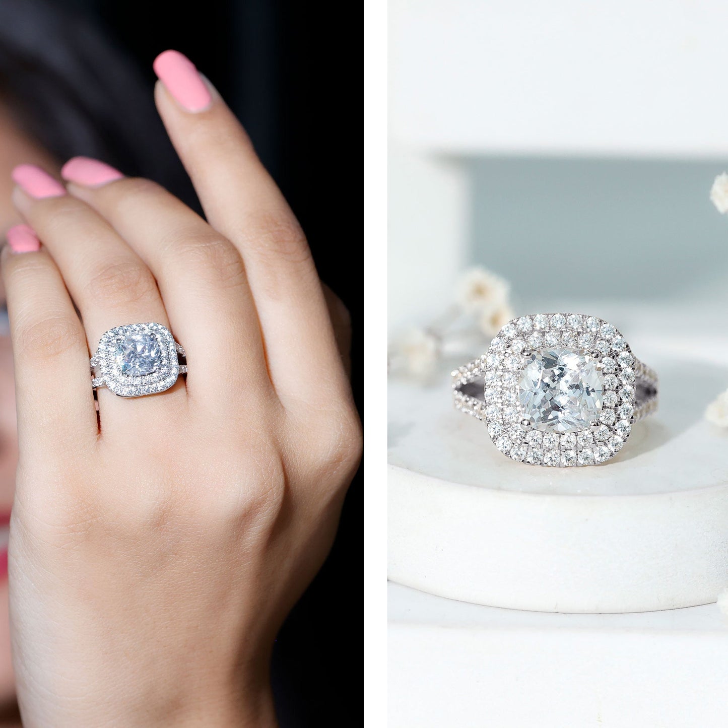 Certified Cushion Cut Moissanite Double Halo Engagement Ring