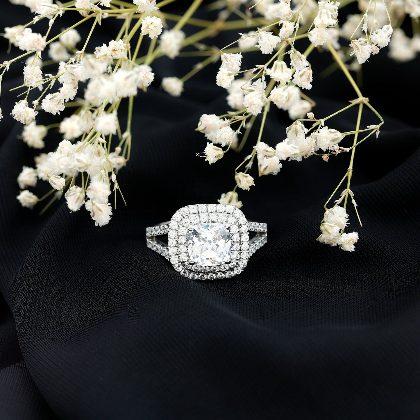 Certified Cushion Cut Moissanite Double Halo Engagement Ring