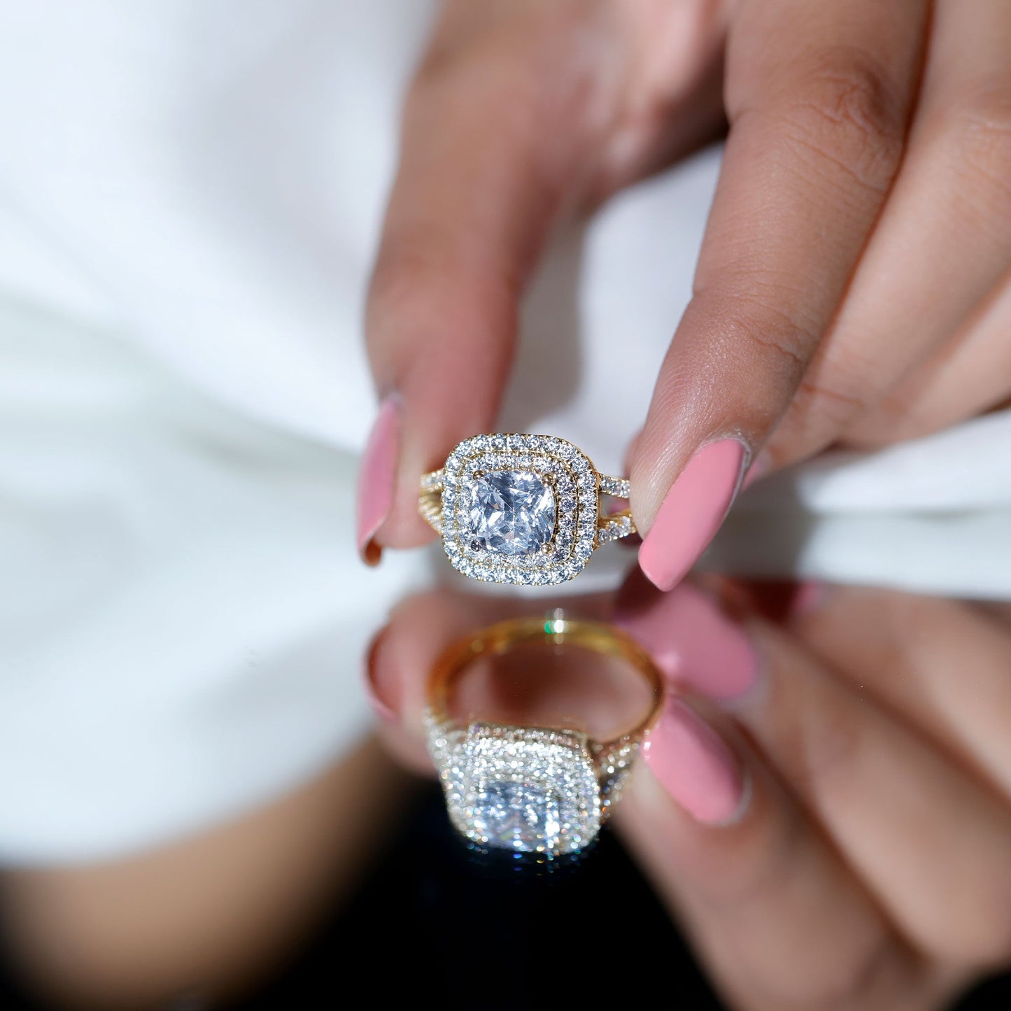 Certified Cushion Cut Moissanite Double Halo Engagement Ring