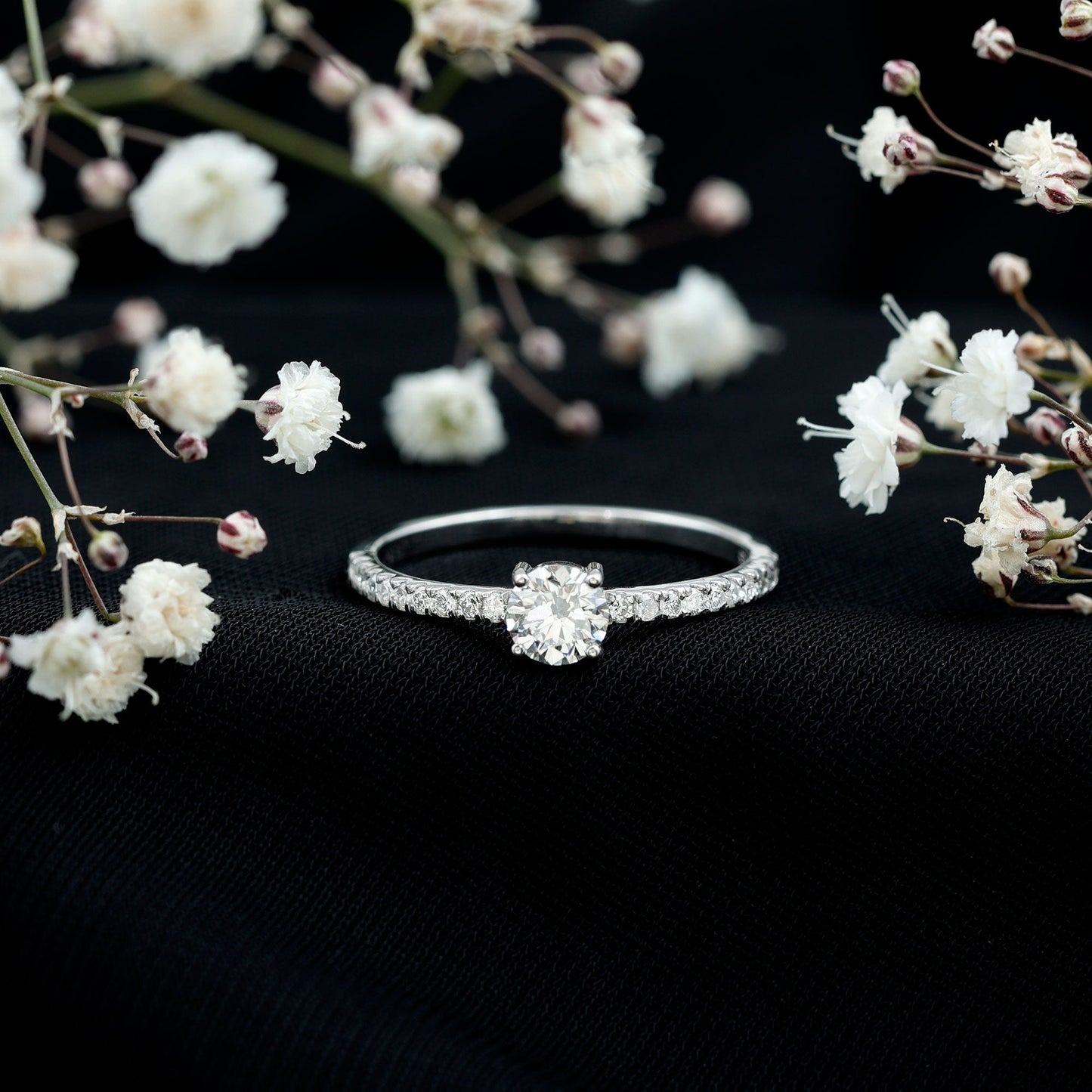 Round Shape Moissanite Solitaire Promise Ring with Side Stones