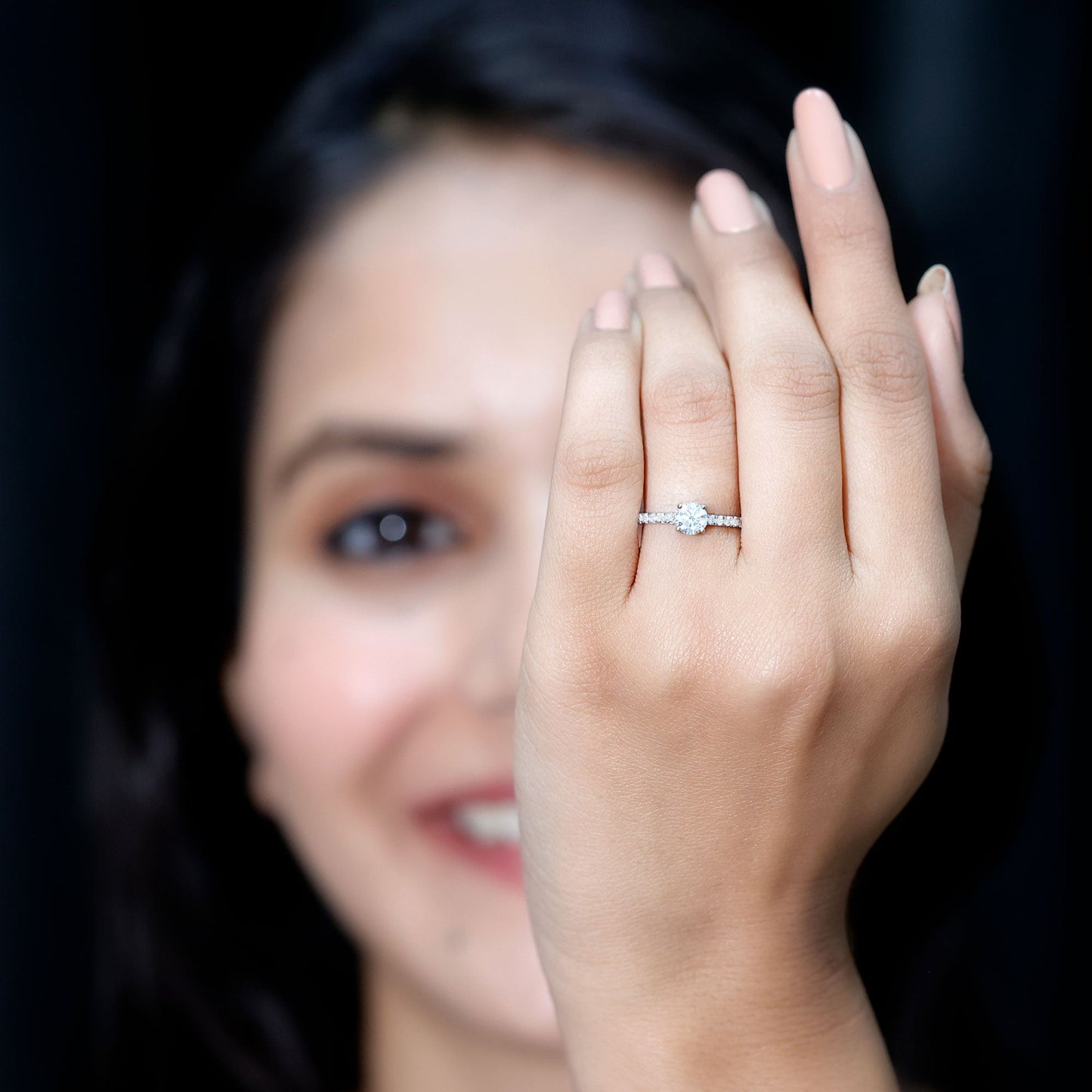 Round Shape Moissanite Solitaire Promise Ring with Side Stones