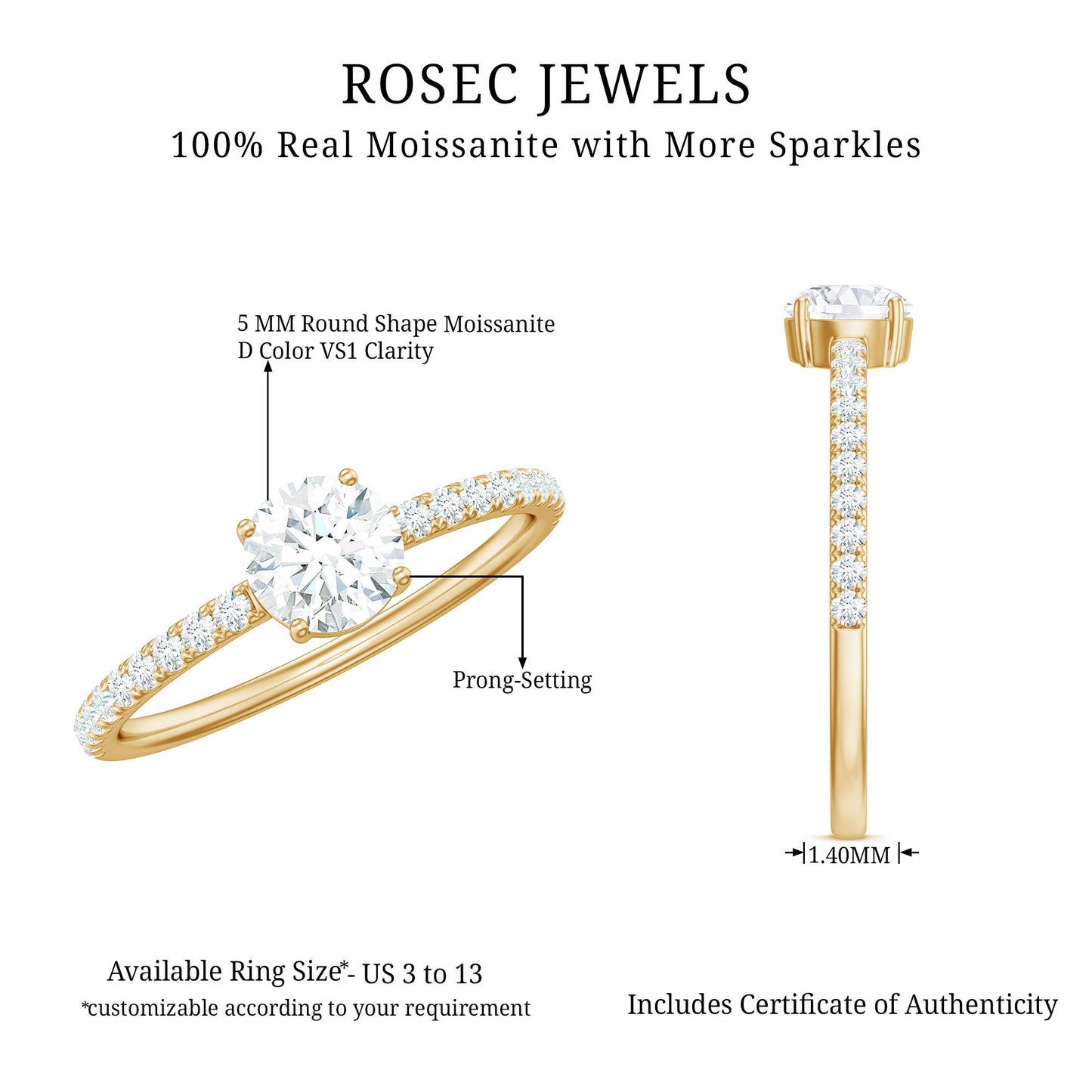 Round Shape Moissanite Solitaire Promise Ring with Side Stones