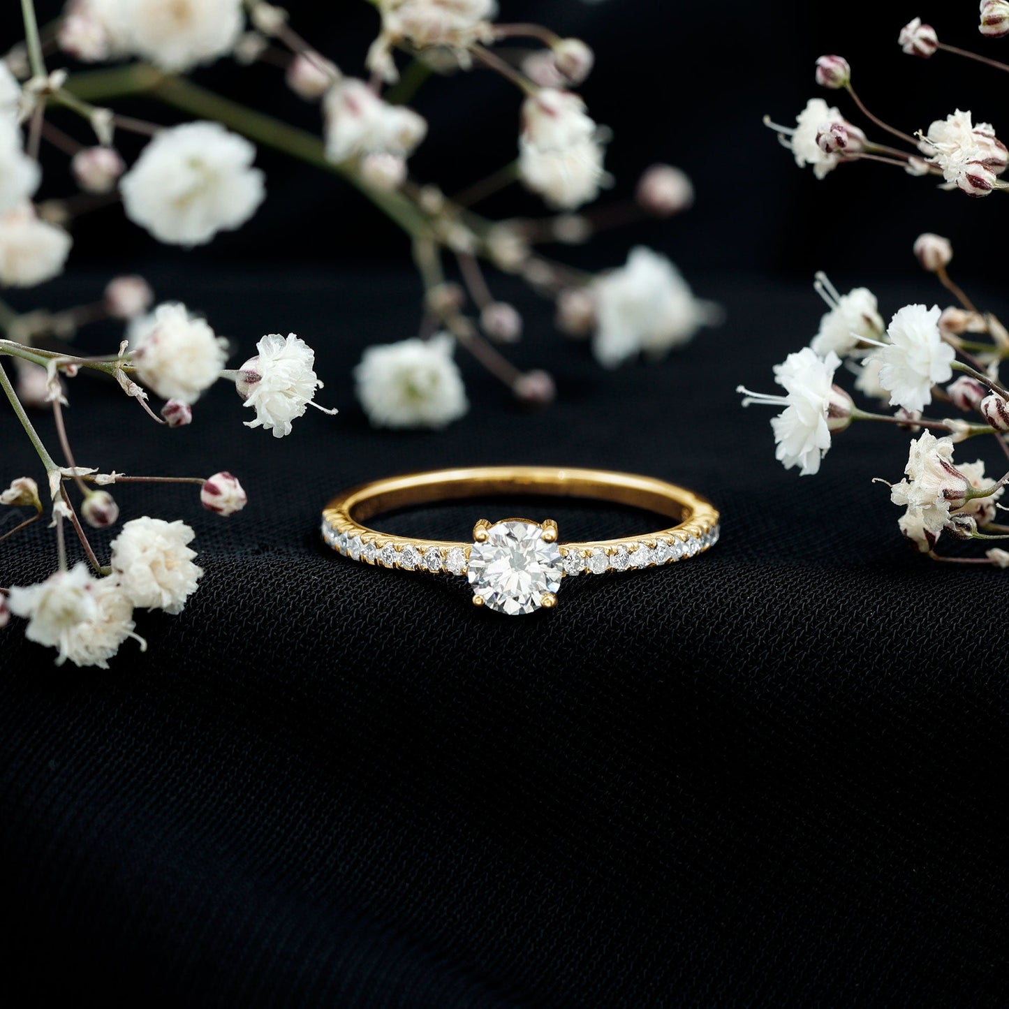 Round Shape Moissanite Solitaire Promise Ring with Side Stones