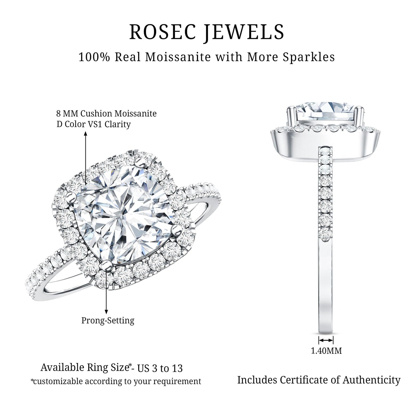 3 Carat Cushion Cut Moissanite Halo Engagement Ring for Women