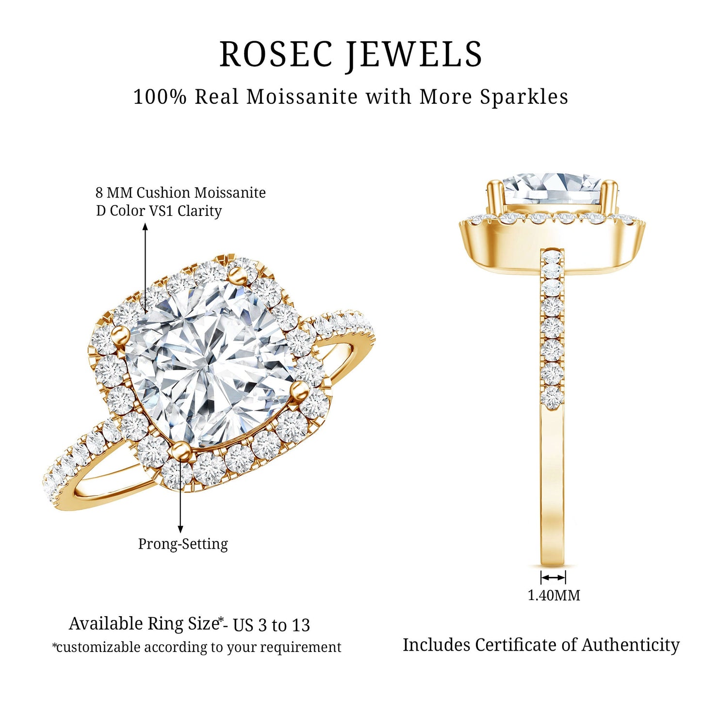 3 Carat Cushion Cut Moissanite Halo Engagement Ring for Women