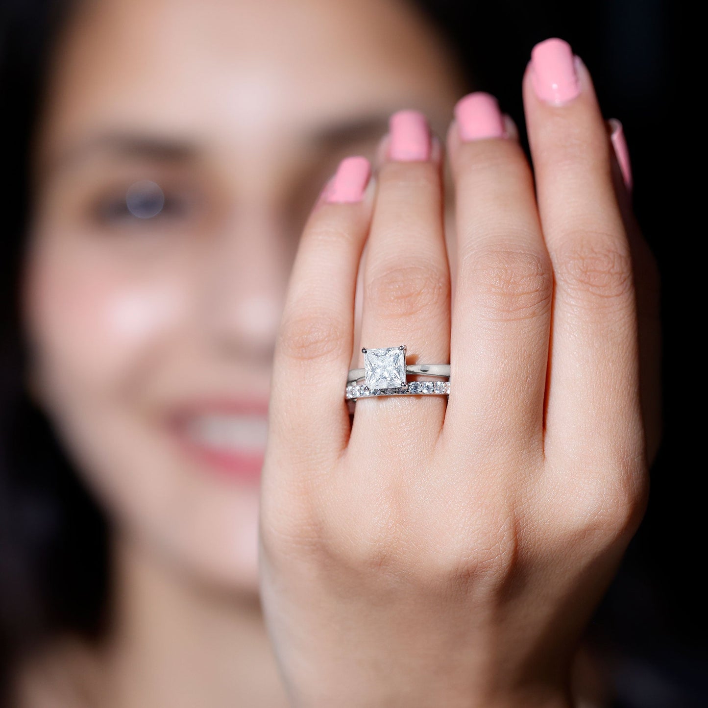 Certified 3 Carat Princess Cut Moissanite Engagement Ring with Wedding Band