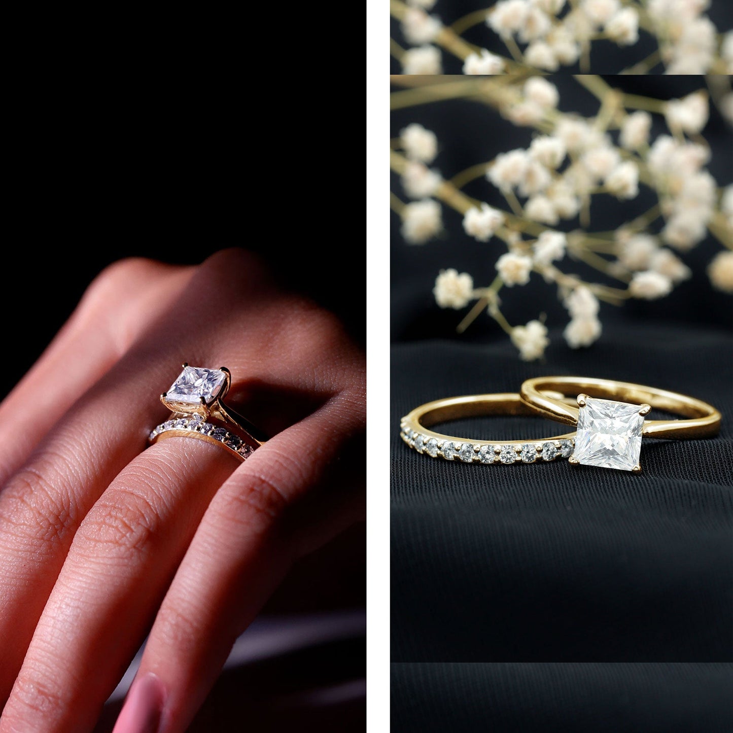 Certified 3 Carat Princess Cut Moissanite Engagement Ring with Wedding Band
