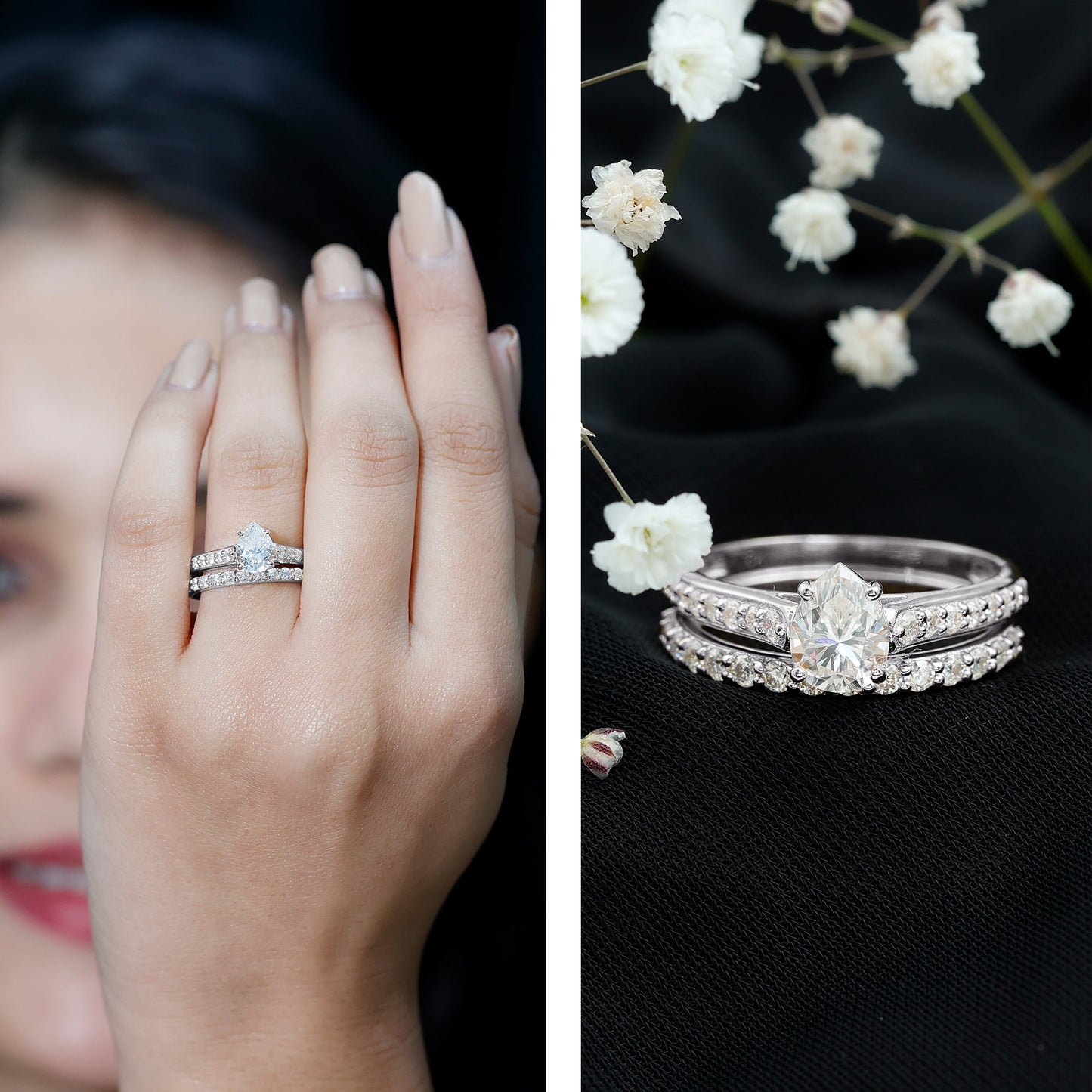 Certified 1 Carat Moissanite Pear Shaped Engagement Ring with Enhancer