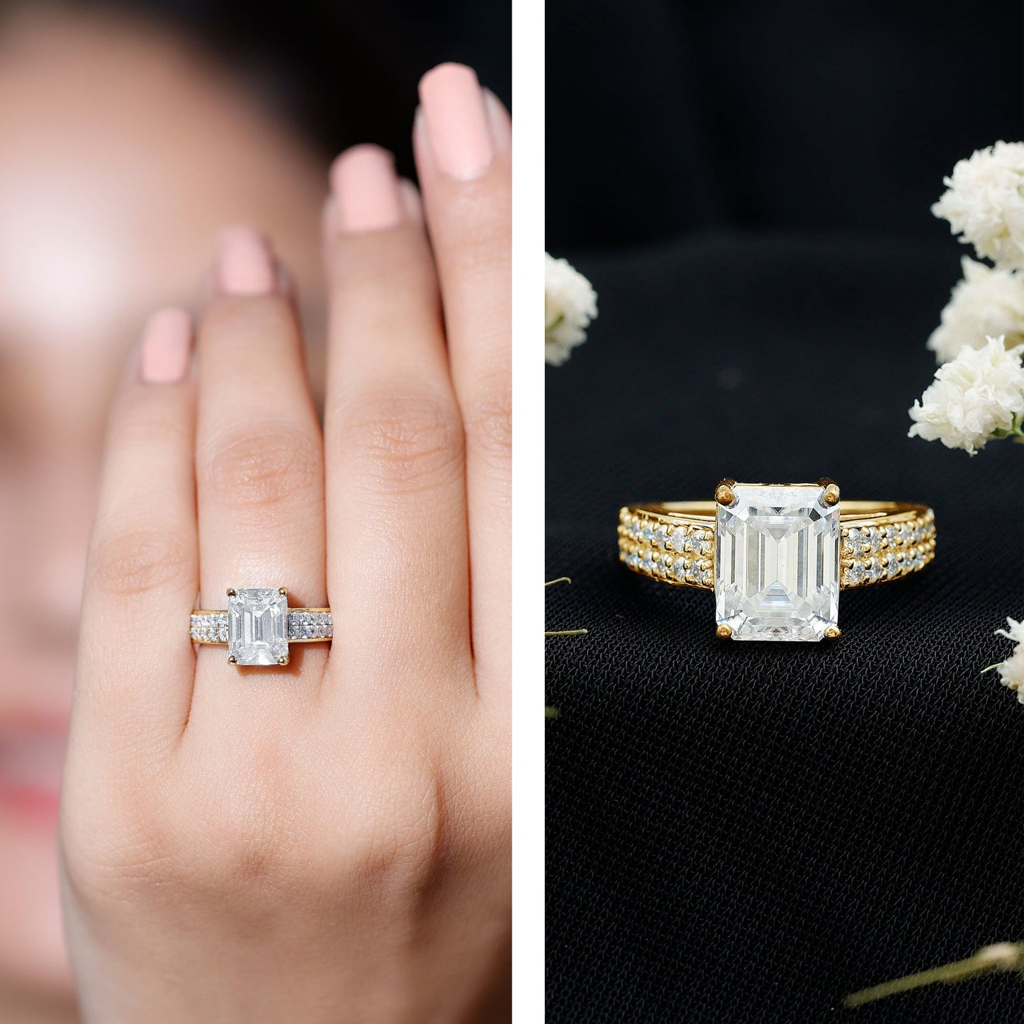 Emerald Cut Moissanite Big Engagement Ring