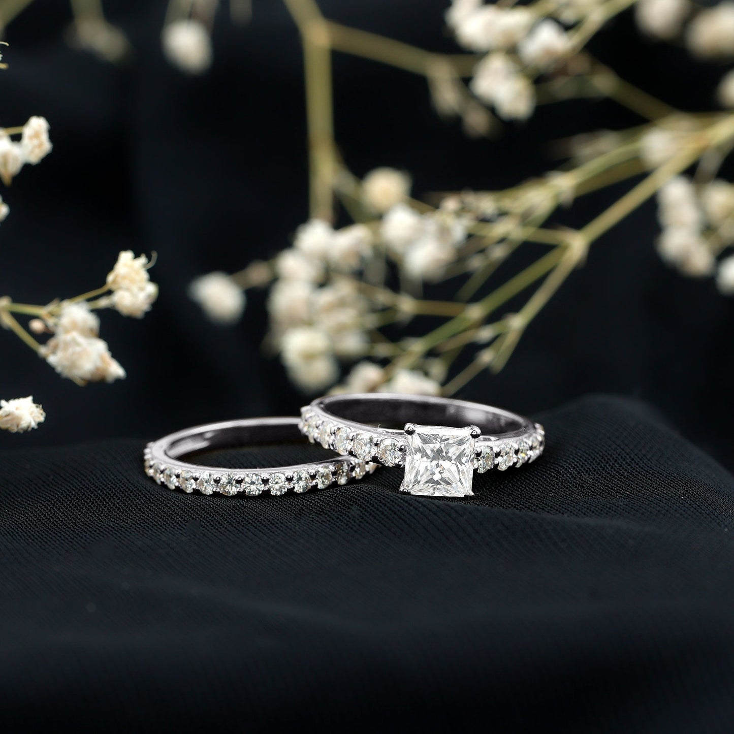 Princess Cut Moissanite Engagement Ring with Wedding Band