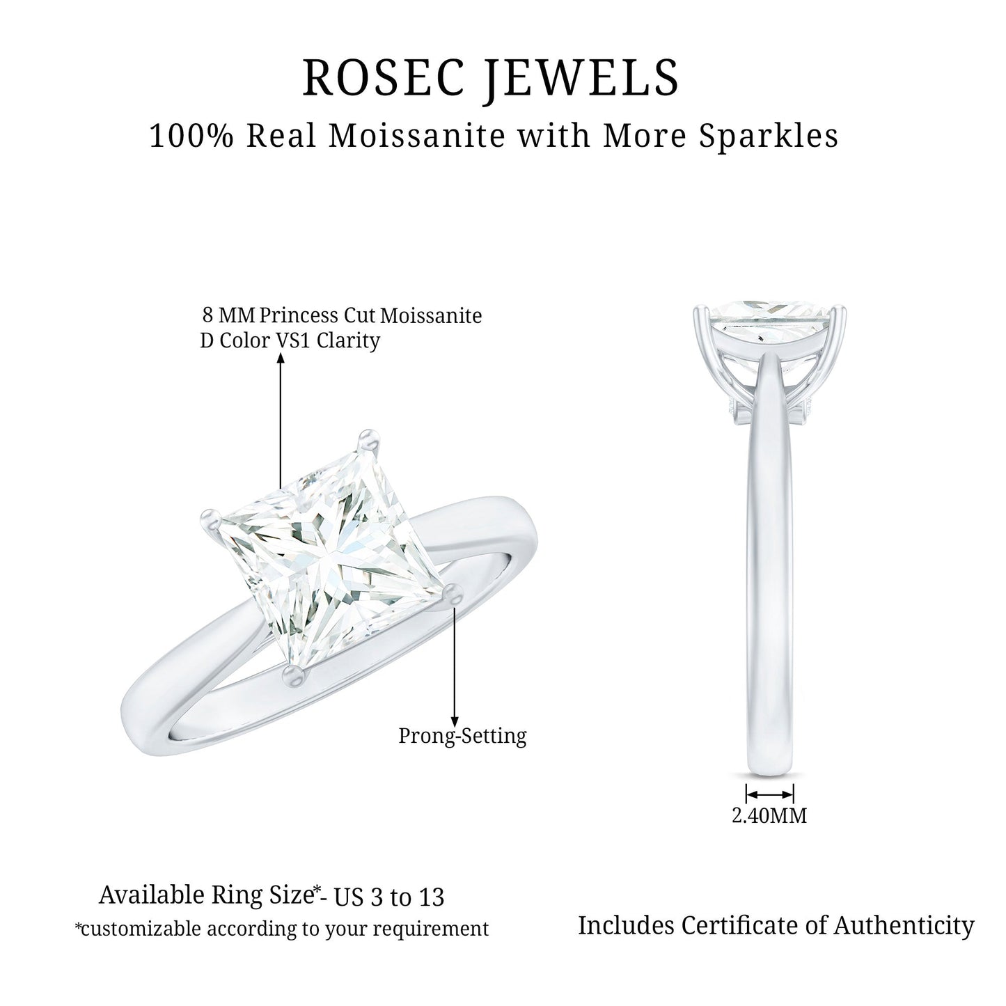 Princess Cut 3 Carat Moissanite Solitaire Engagement Ring