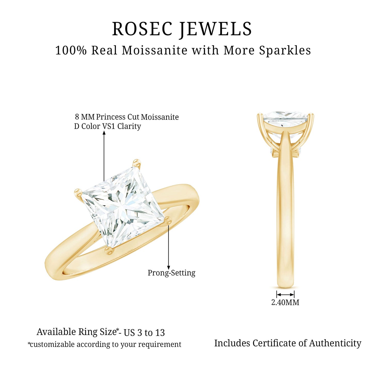 Princess Cut 3 Carat Moissanite Solitaire Engagement Ring