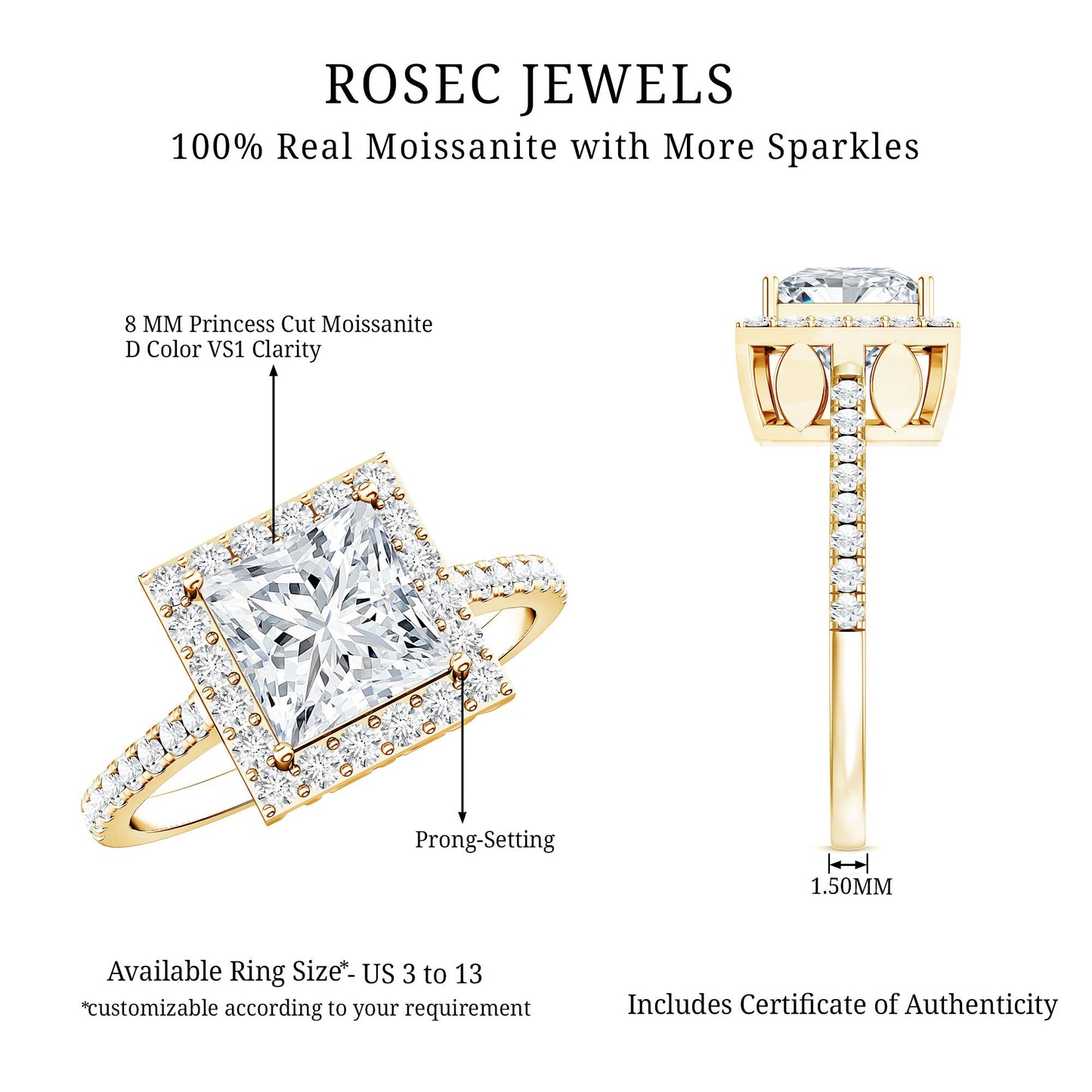 3 Carat Princess Cut Moissanite Halo Engagement Ring