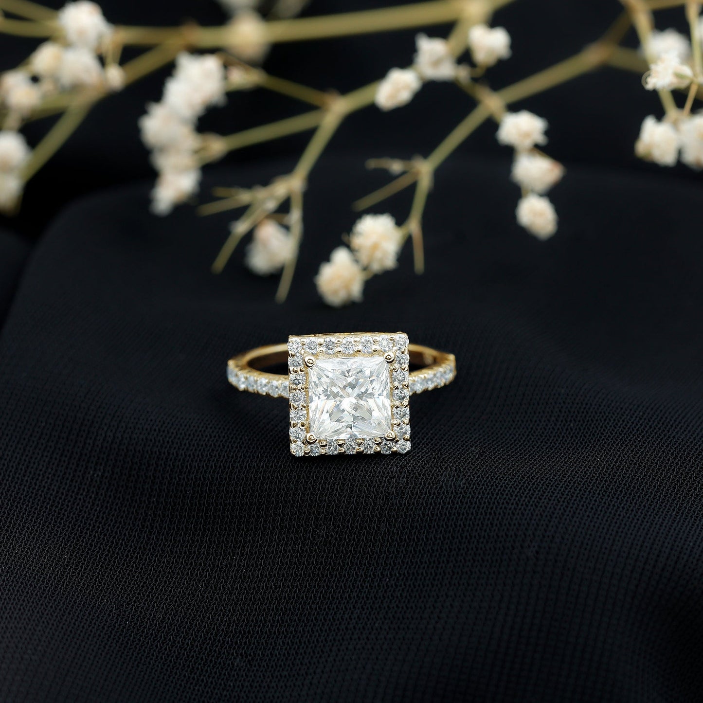 3 Carat Princess Cut Moissanite Halo Engagement Ring