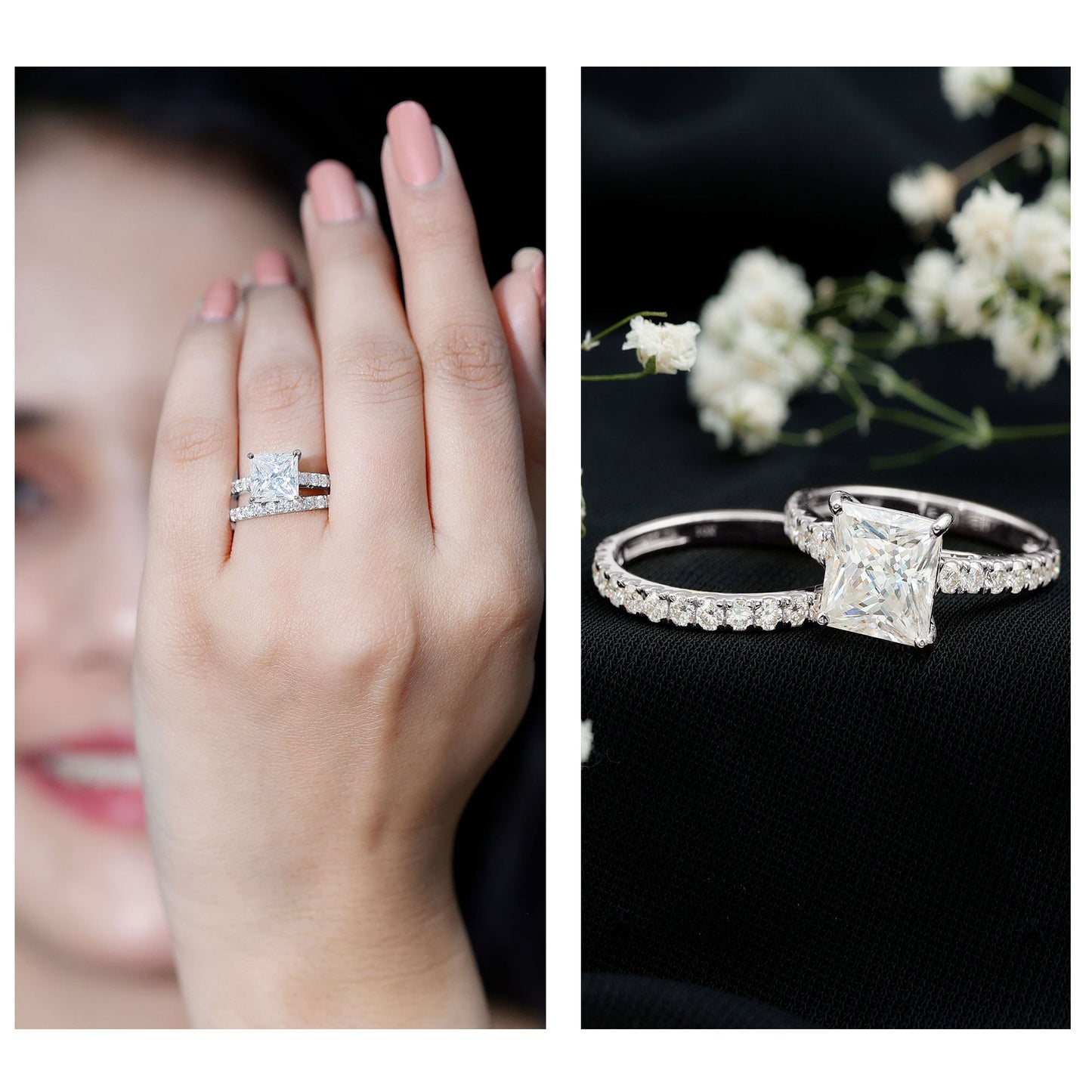 Moissanite 3 Carat Princess Cut Engagement Ring with Enhancer
