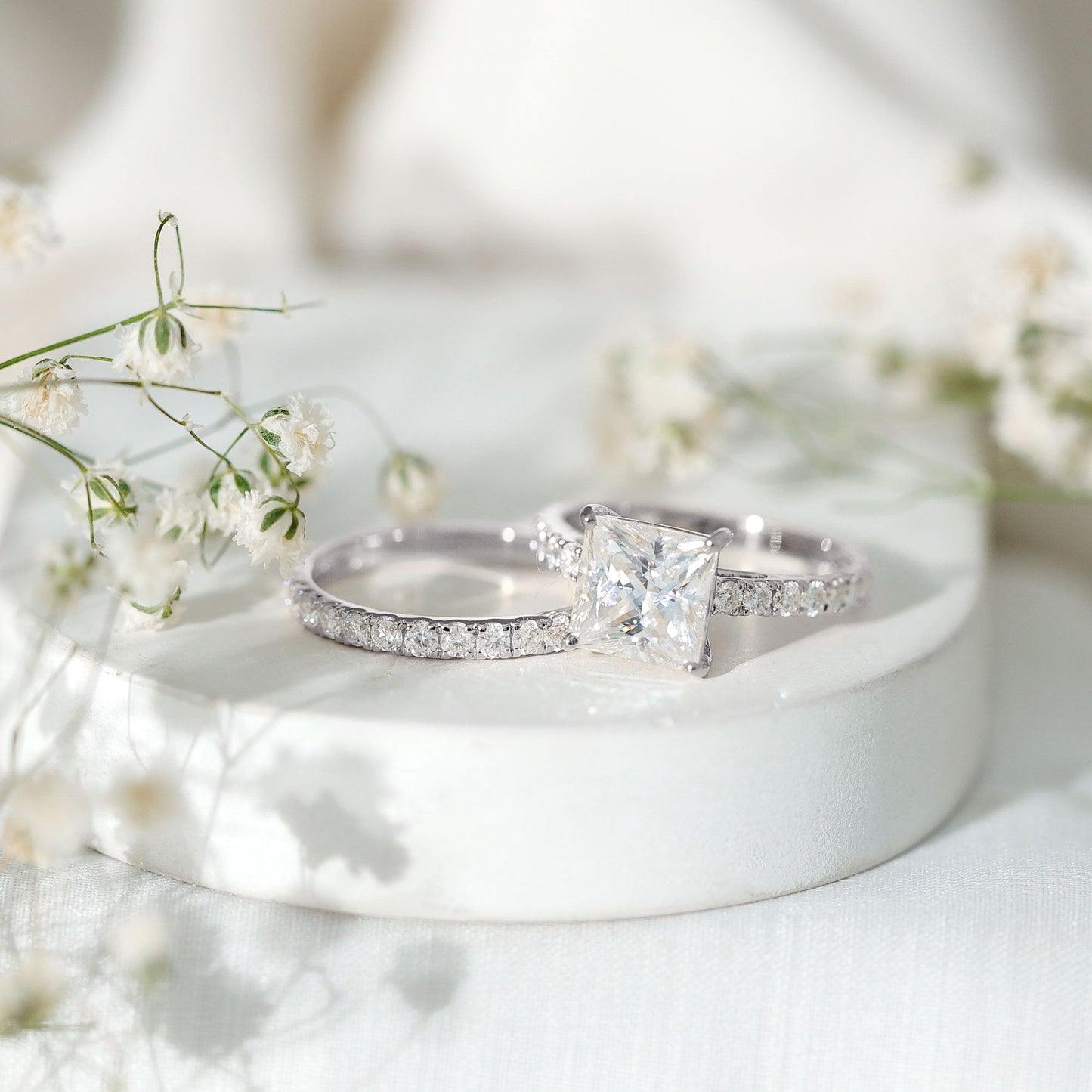 Moissanite 3 Carat Princess Cut Engagement Ring with Enhancer