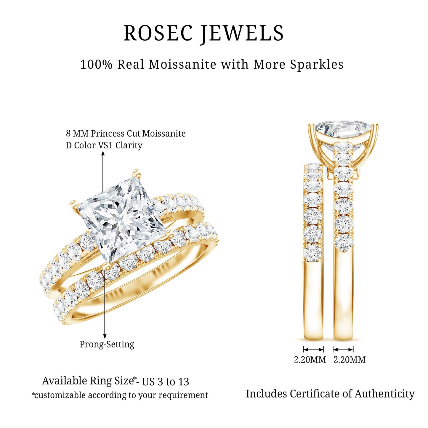 Moissanite 3 Carat Princess Cut Engagement Ring with Enhancer
