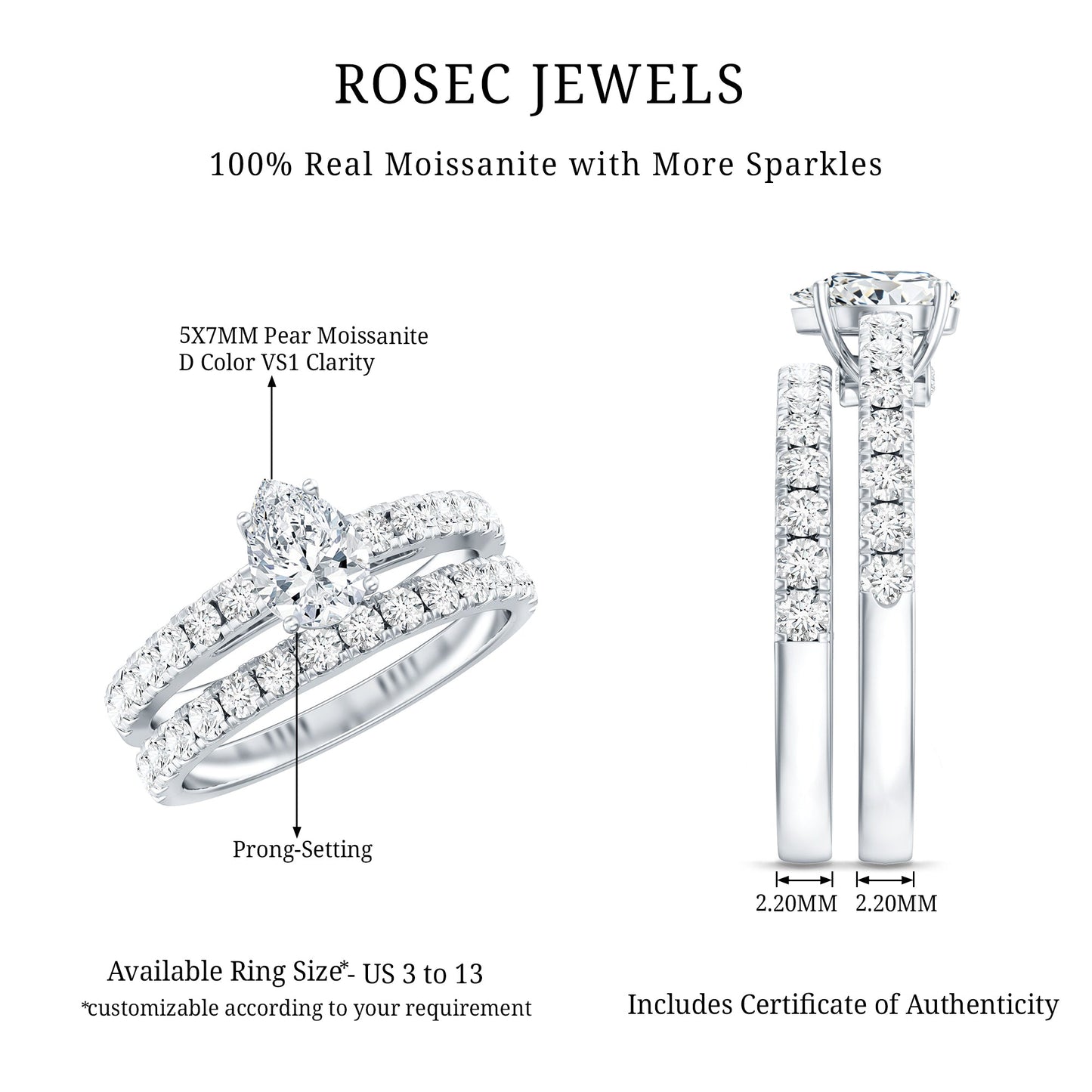 Pear Shaped Moissanite Engagement Ring with Wedding Band