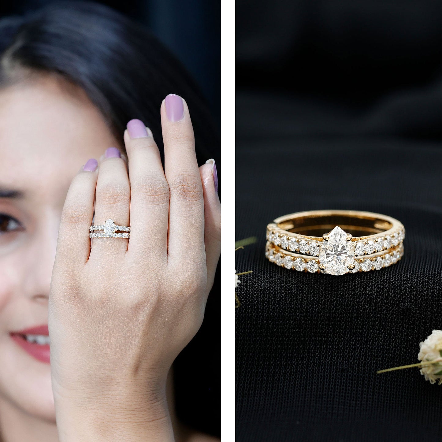 Pear Shaped Moissanite Engagement Ring with Wedding Band