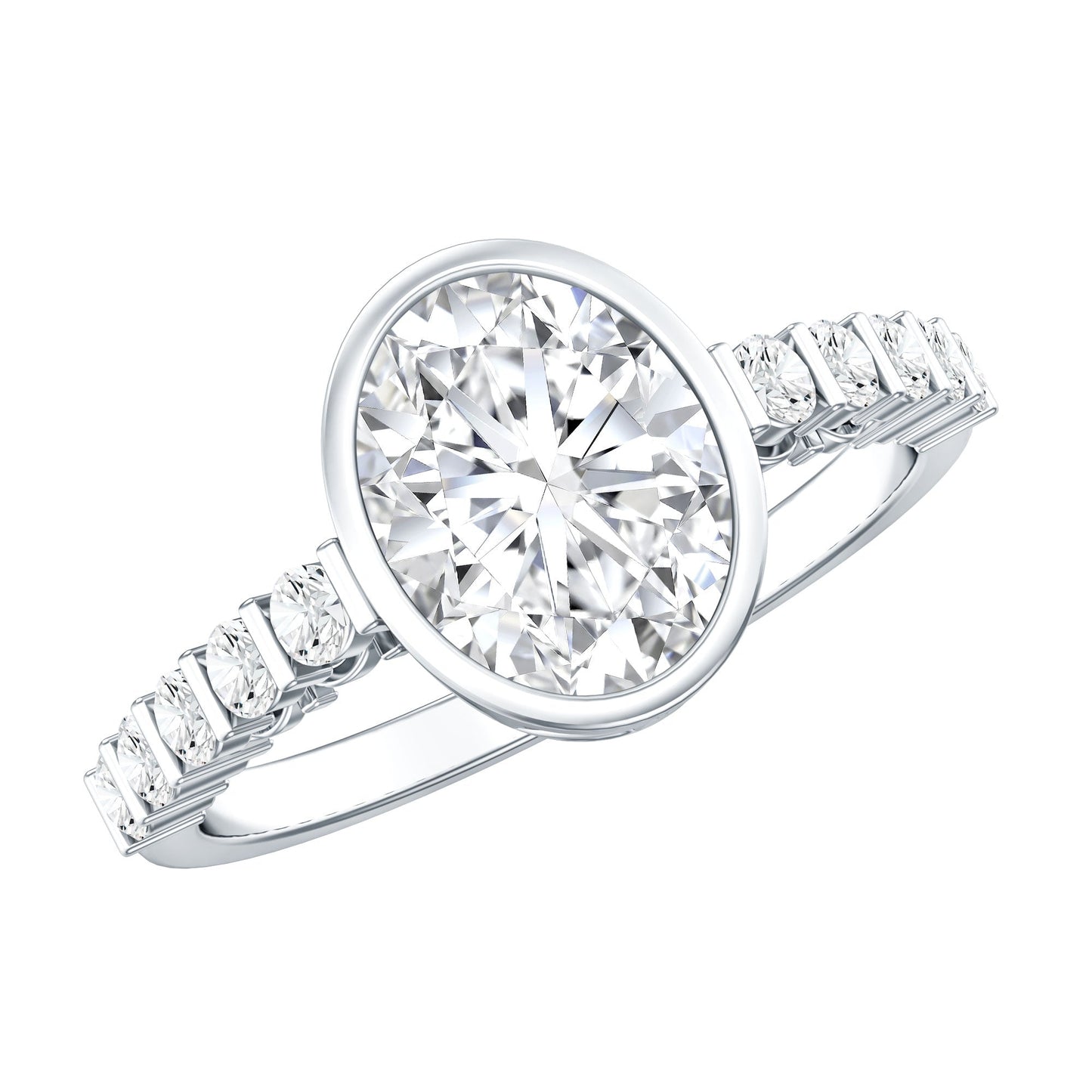 Bezel Set Moissanite Oval Engagement Ring with Side Stones