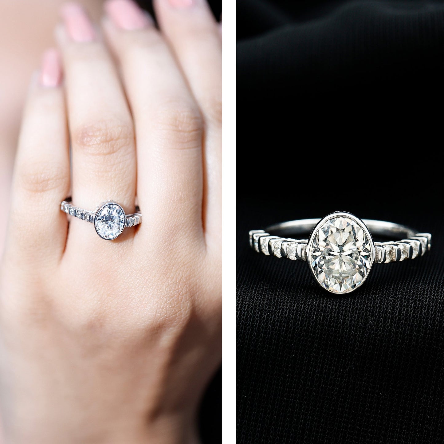 Bezel Set Moissanite Oval Engagement Ring with Side Stones