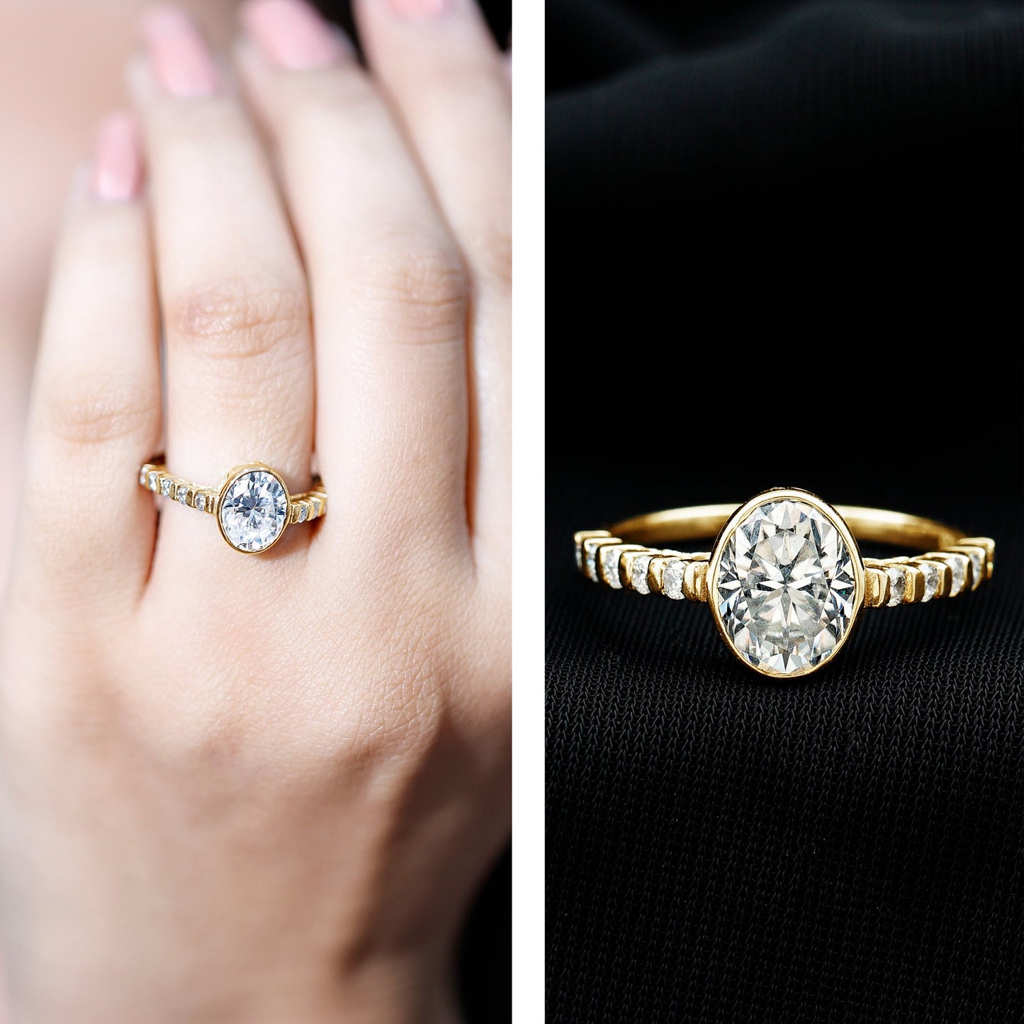Bezel Set Moissanite Oval Engagement Ring with Side Stones