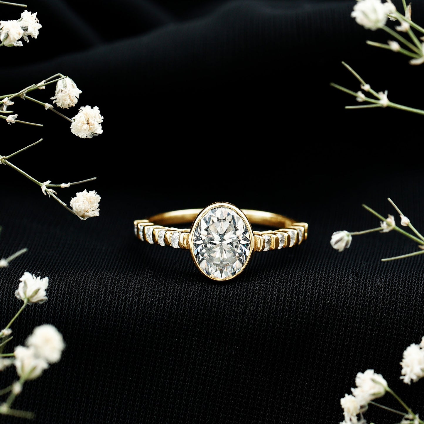 Bezel Set Moissanite Oval Engagement Ring with Side Stones
