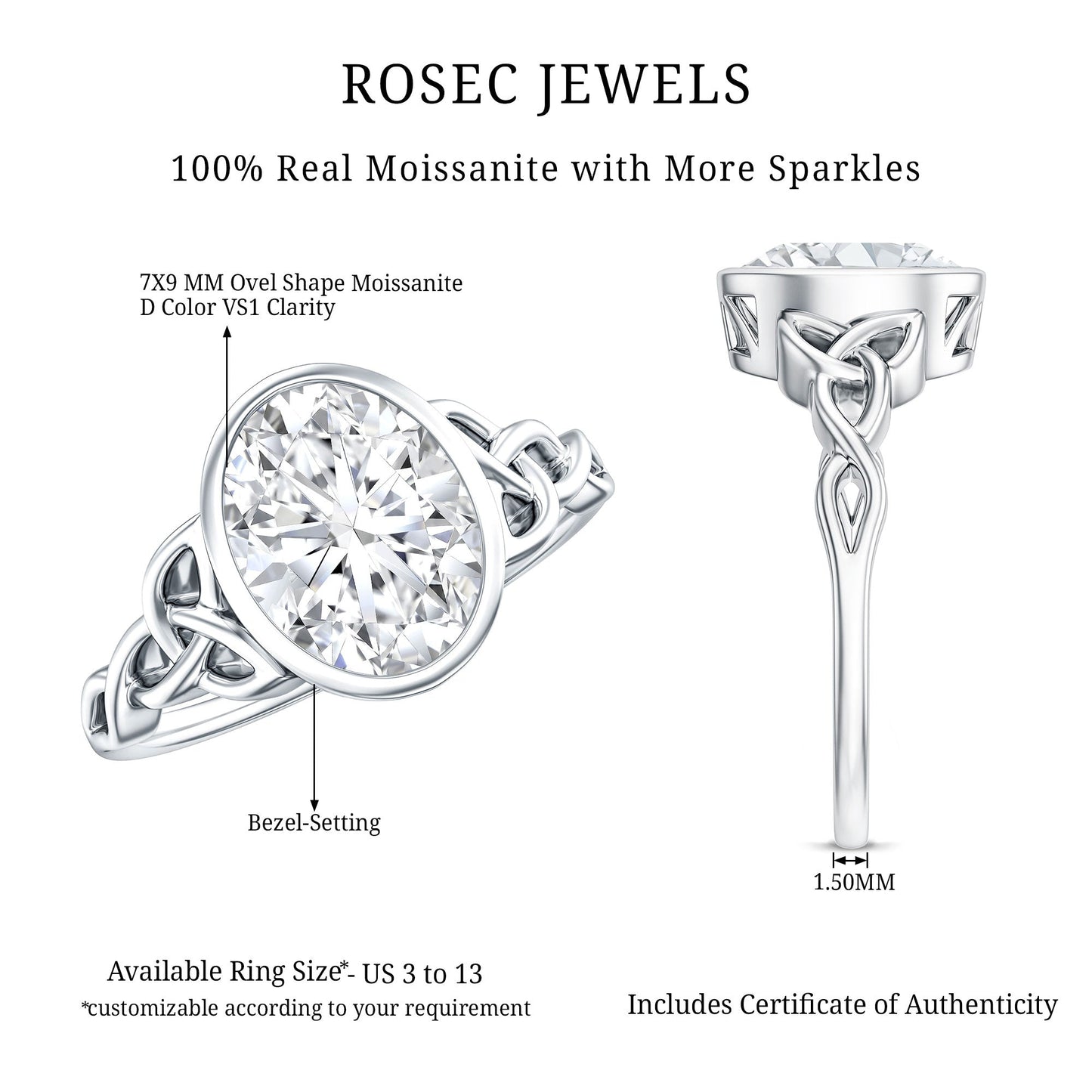 Solitaire Moissanite Celtic Engagement Ring in Bezel Setting