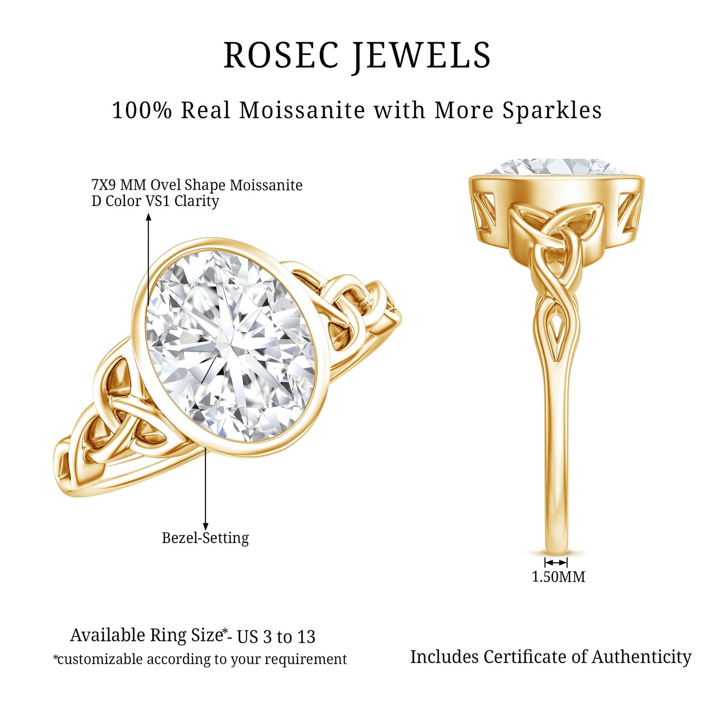 Solitaire Moissanite Celtic Engagement Ring in Bezel Setting