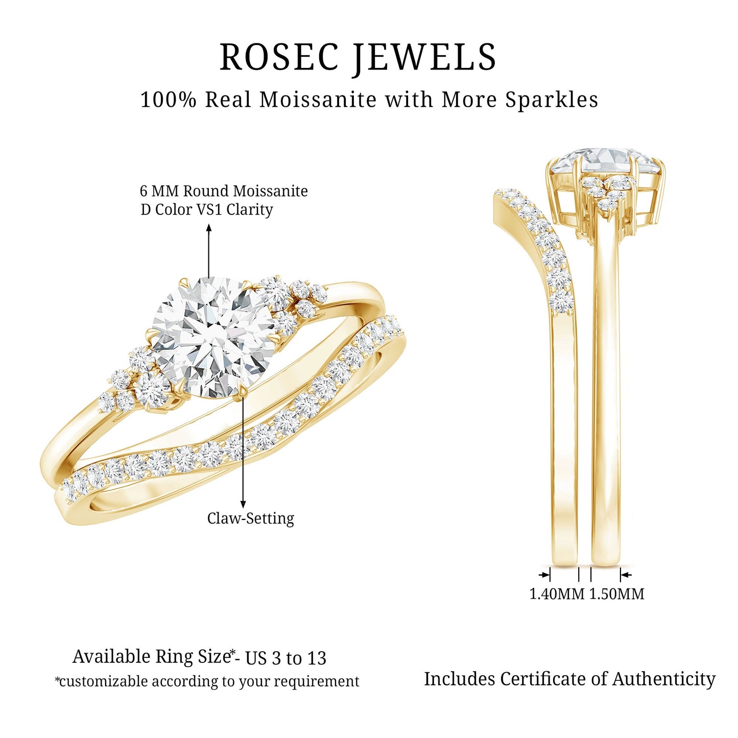 0.9 Carat Round Cut Moissanite Wedding Ring Set For Bride