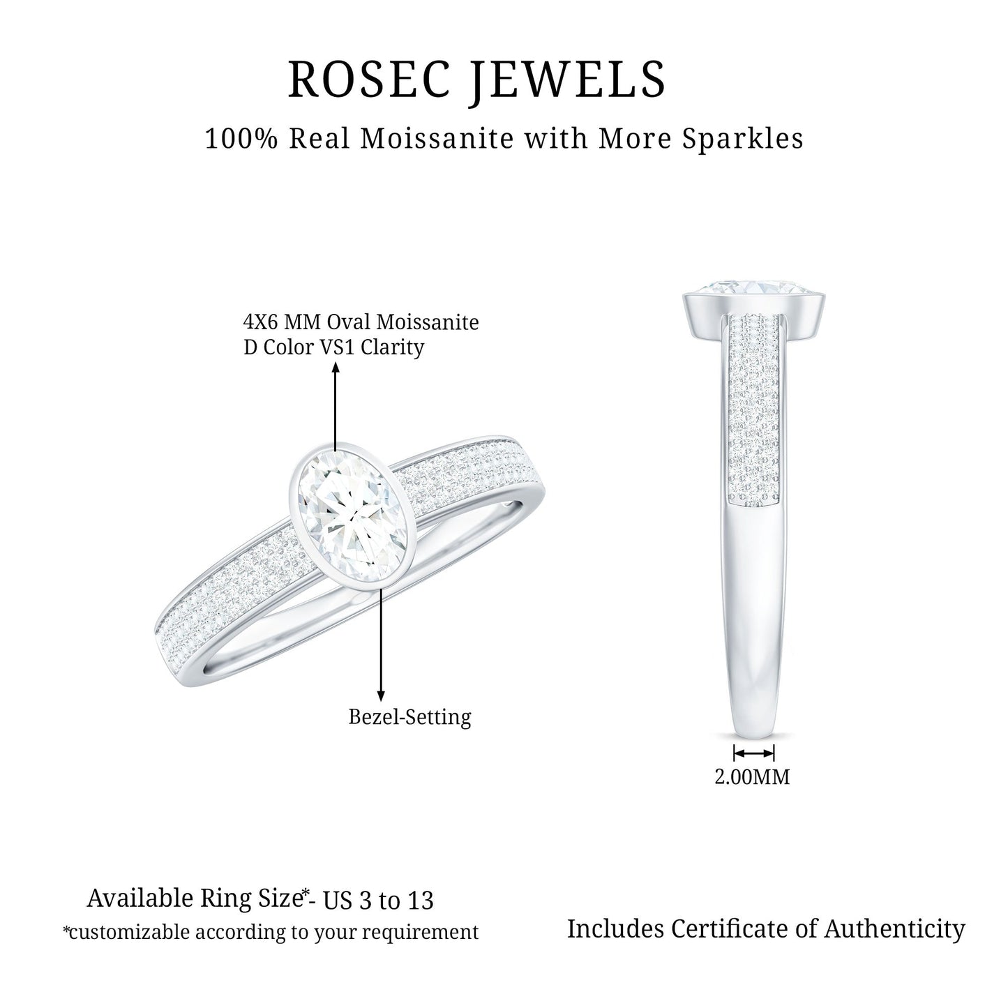 Oval Cut Moissanite Side Stone Engagement Ring in Bezel Setting