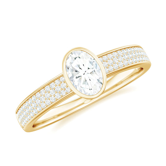 Oval Cut Moissanite Side Stone Engagement Ring in Bezel Setting
