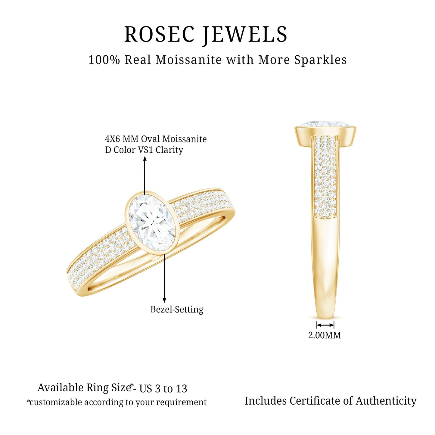 Oval Cut Moissanite Side Stone Engagement Ring in Bezel Setting