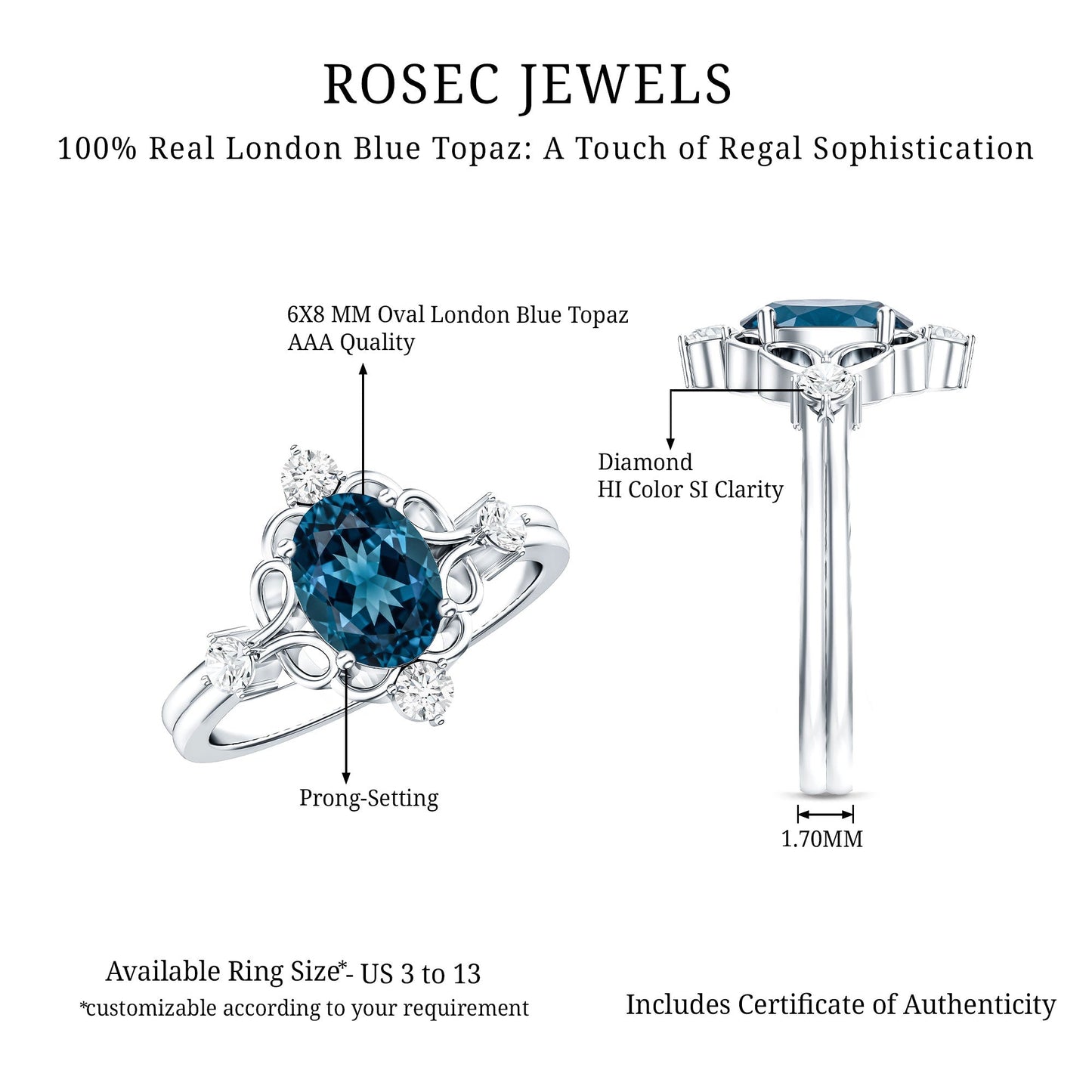 Art Deco Inspired Blue Topaz Oval Engagement Ring with Diamond