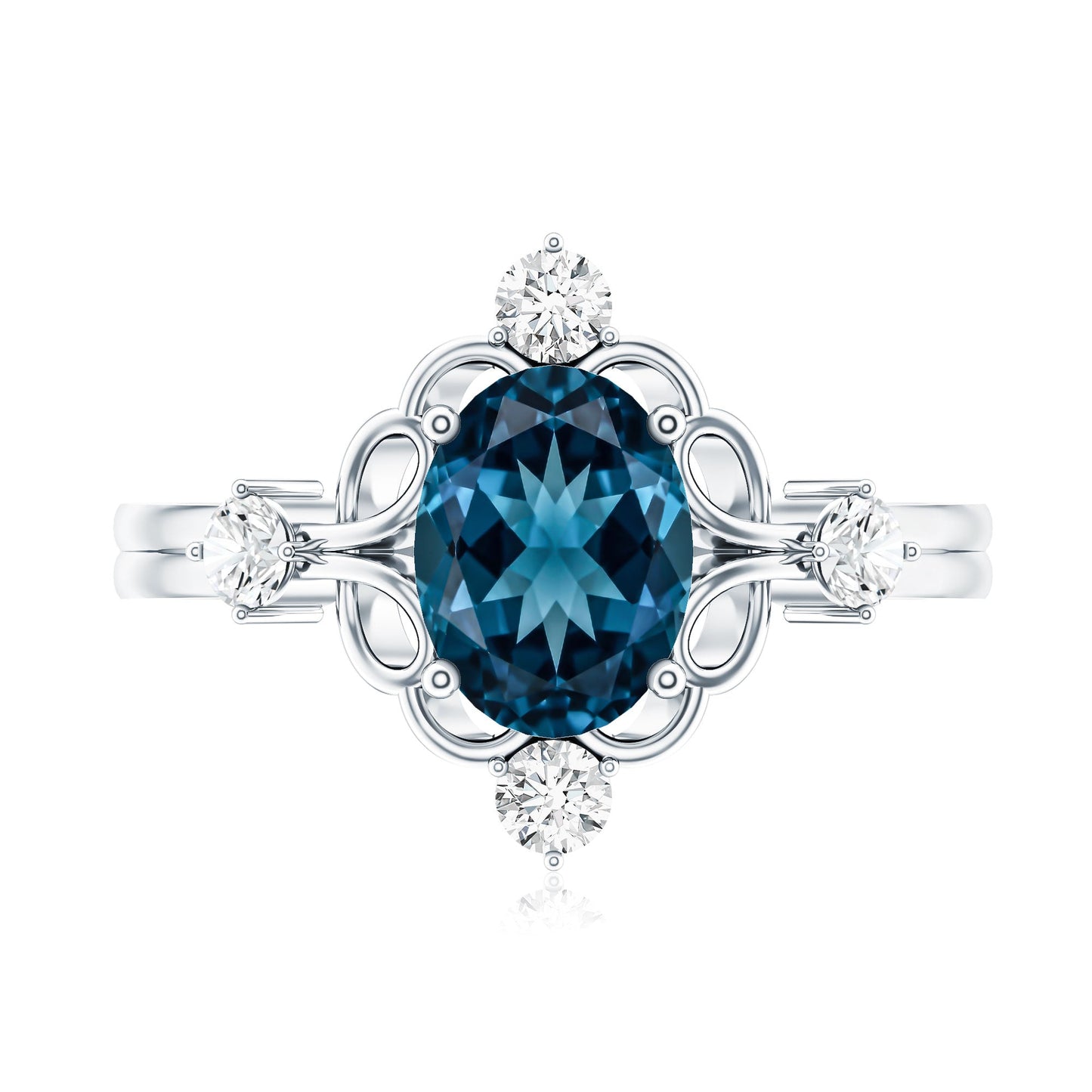 Art Deco Inspired Blue Topaz Oval Engagement Ring with Diamond