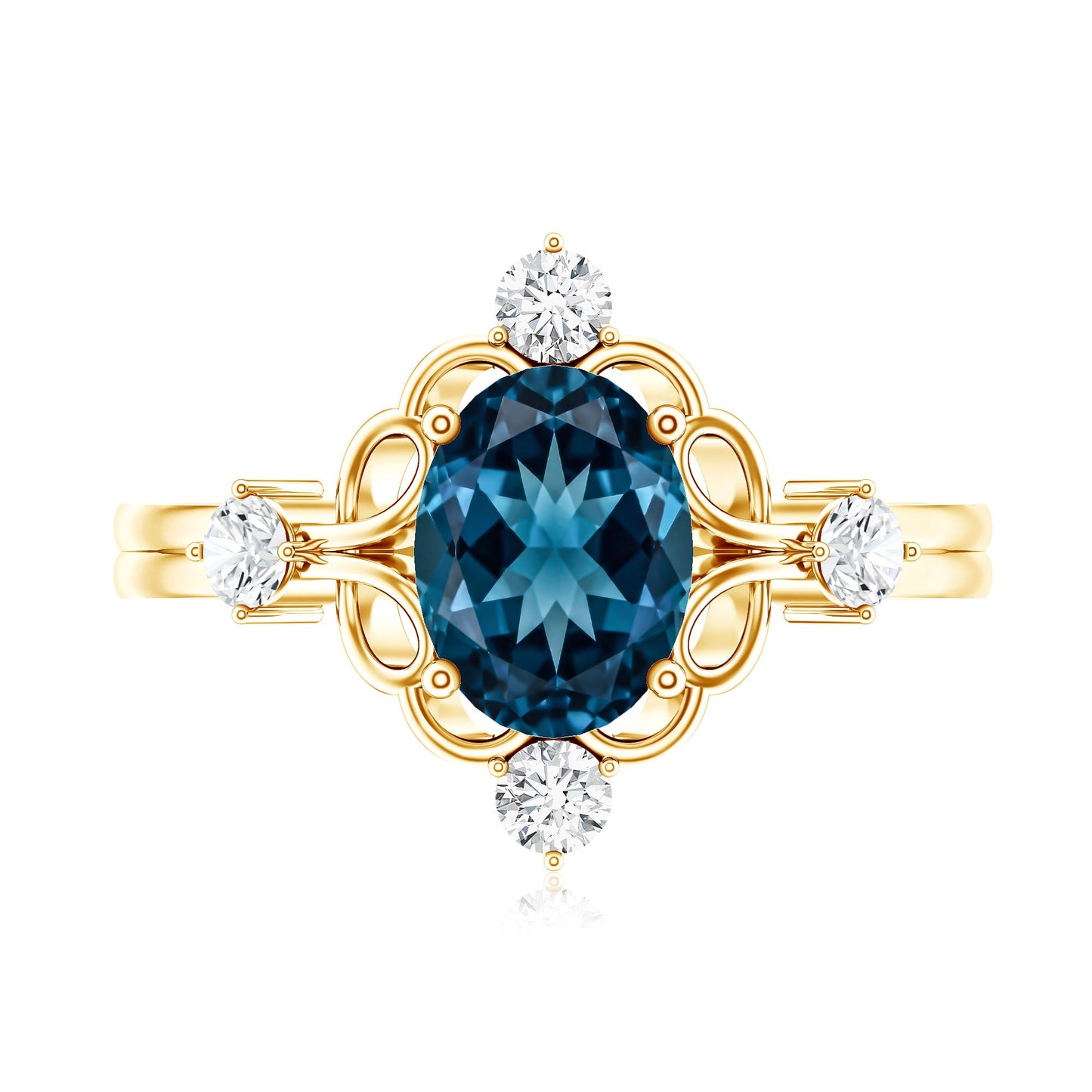 Art Deco Inspired Blue Topaz Oval Engagement Ring with Diamond