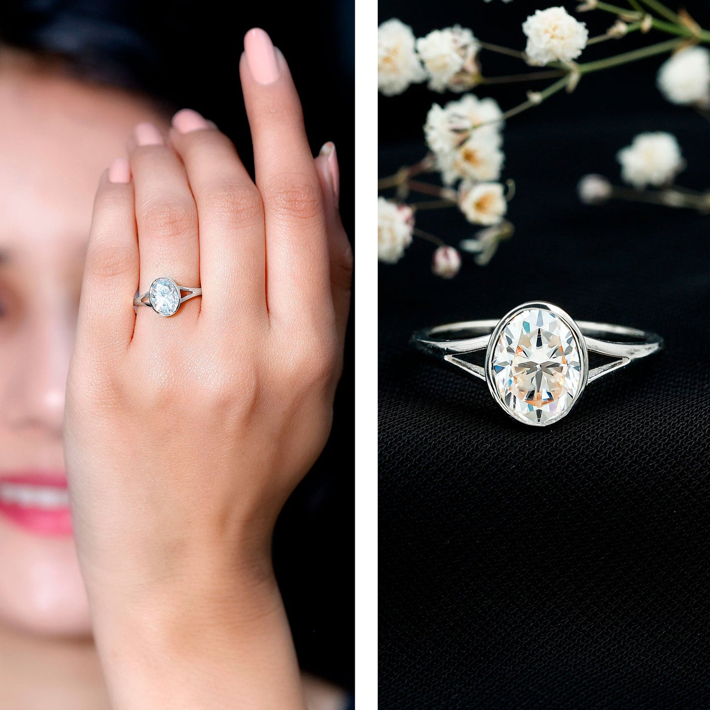 Certified 2 Carat Oval Moissanite Solitaire Engagement Ring in Split Shank
