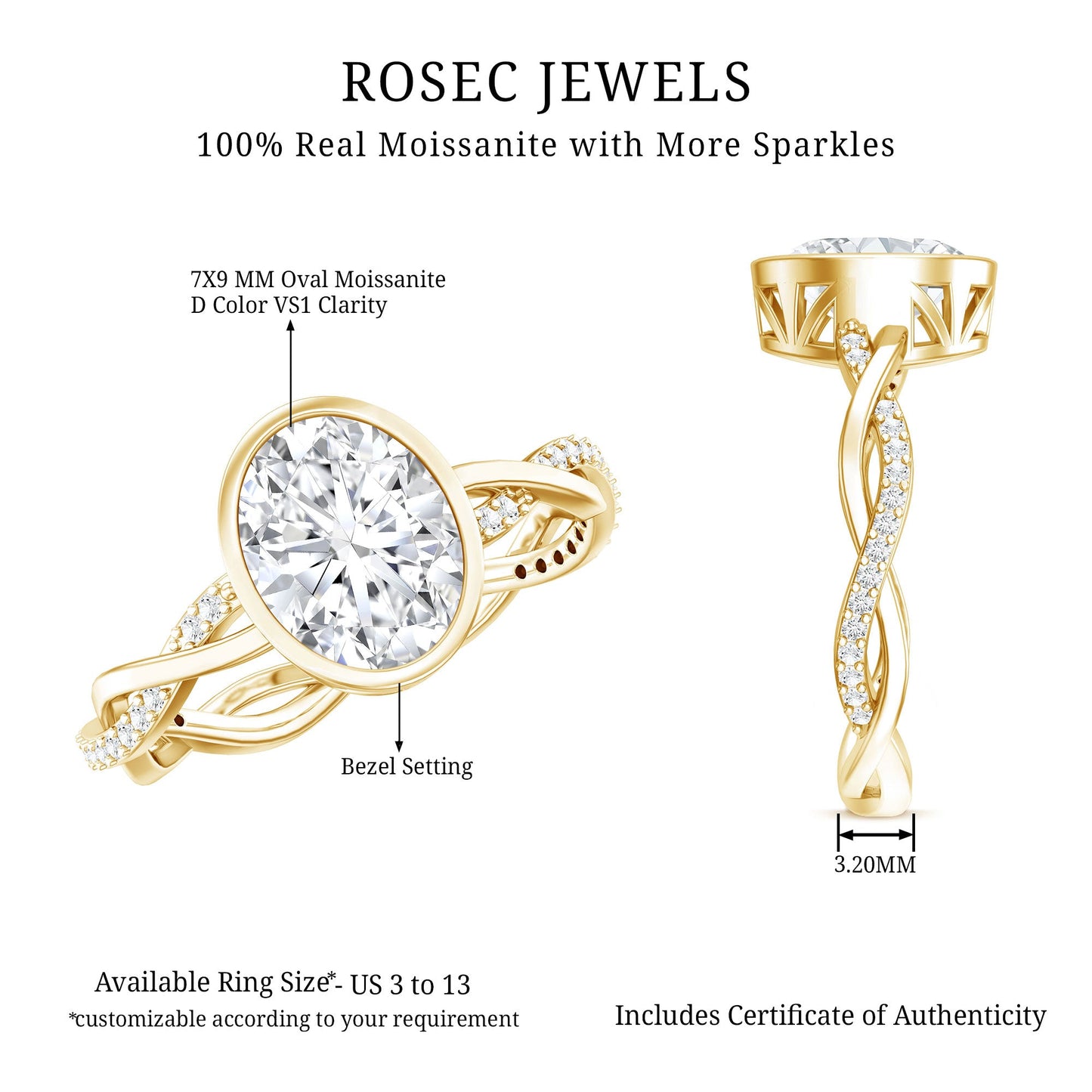Brilliant Cut Moissanite Bezel Set Engagement Ring in Braided Shank
