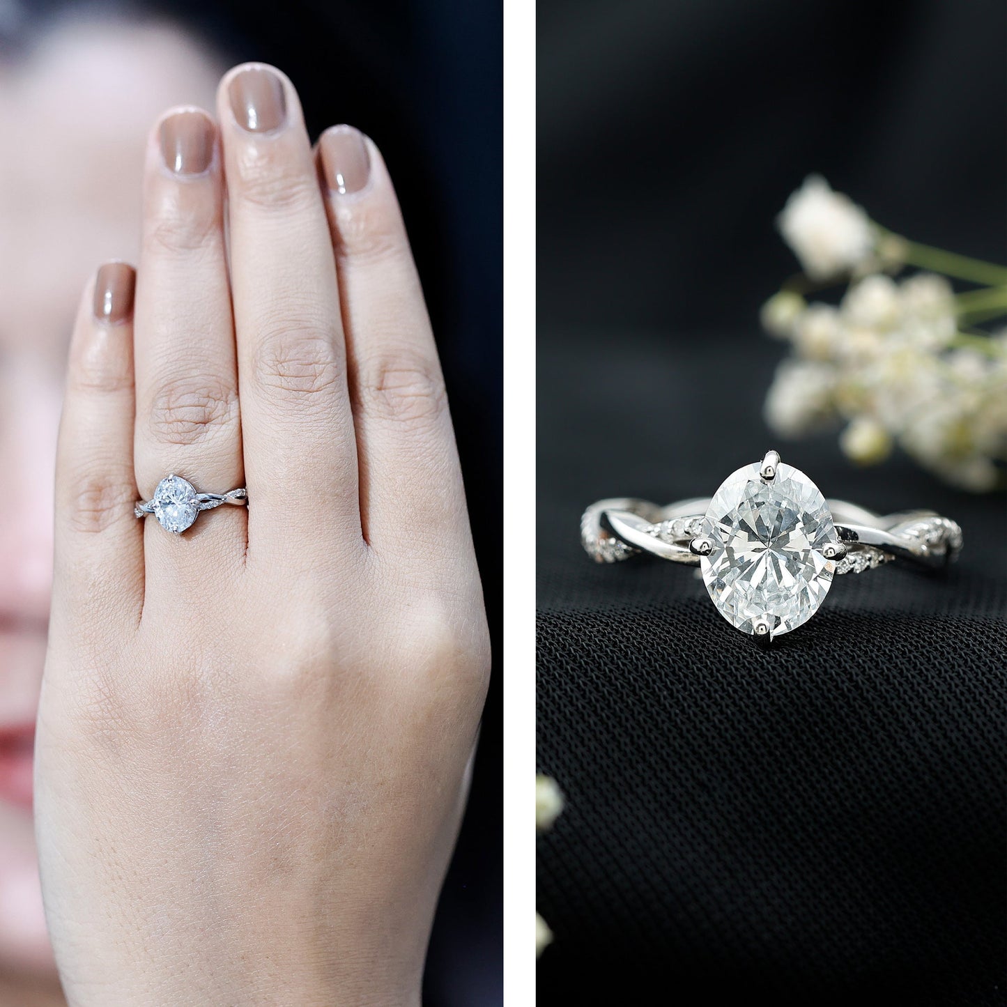 Moissanite Oval Engagement Ring With Diagonal Prong Setting