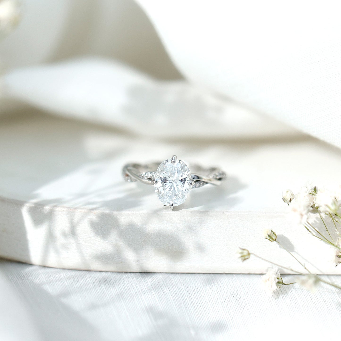 Moissanite Oval Engagement Ring With Diagonal Prong Setting