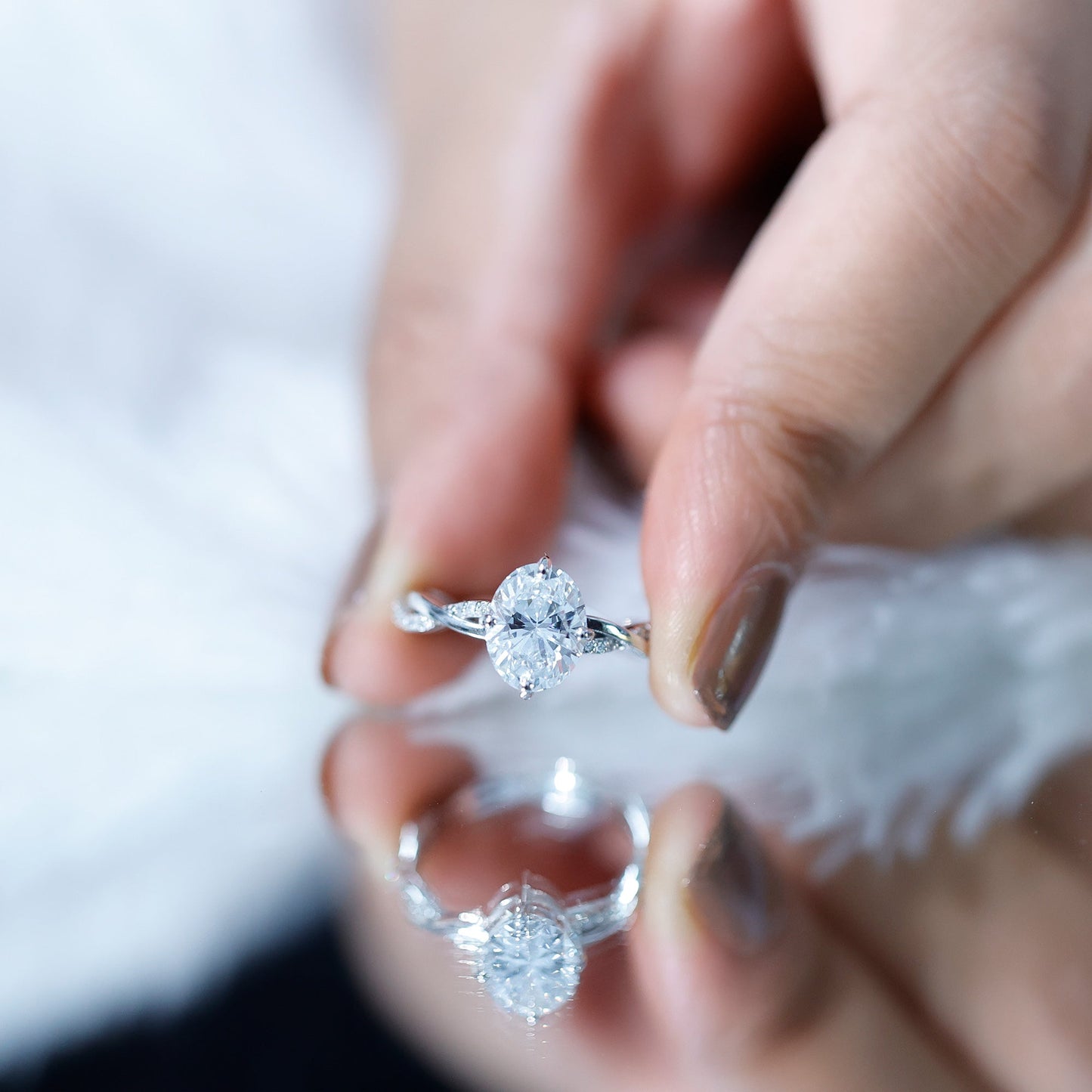 Moissanite Oval Engagement Ring With Diagonal Prong Setting