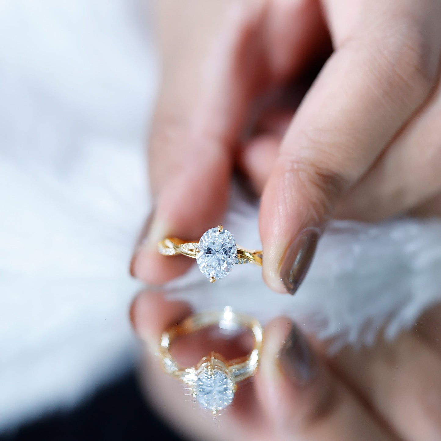 Moissanite Oval Engagement Ring With Diagonal Prong Setting
