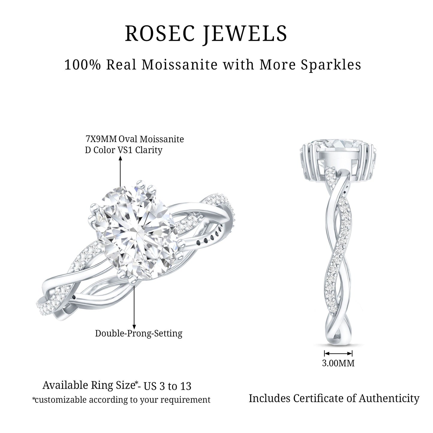 2 Carat Certified Moissanite Oval Engagement Ring with Double Prong