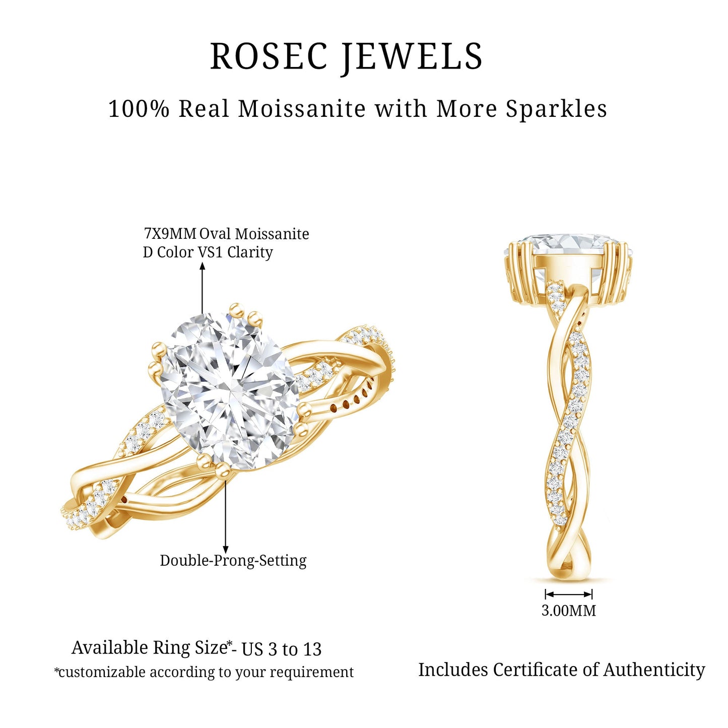 2 Carat Certified Moissanite Oval Engagement Ring with Double Prong