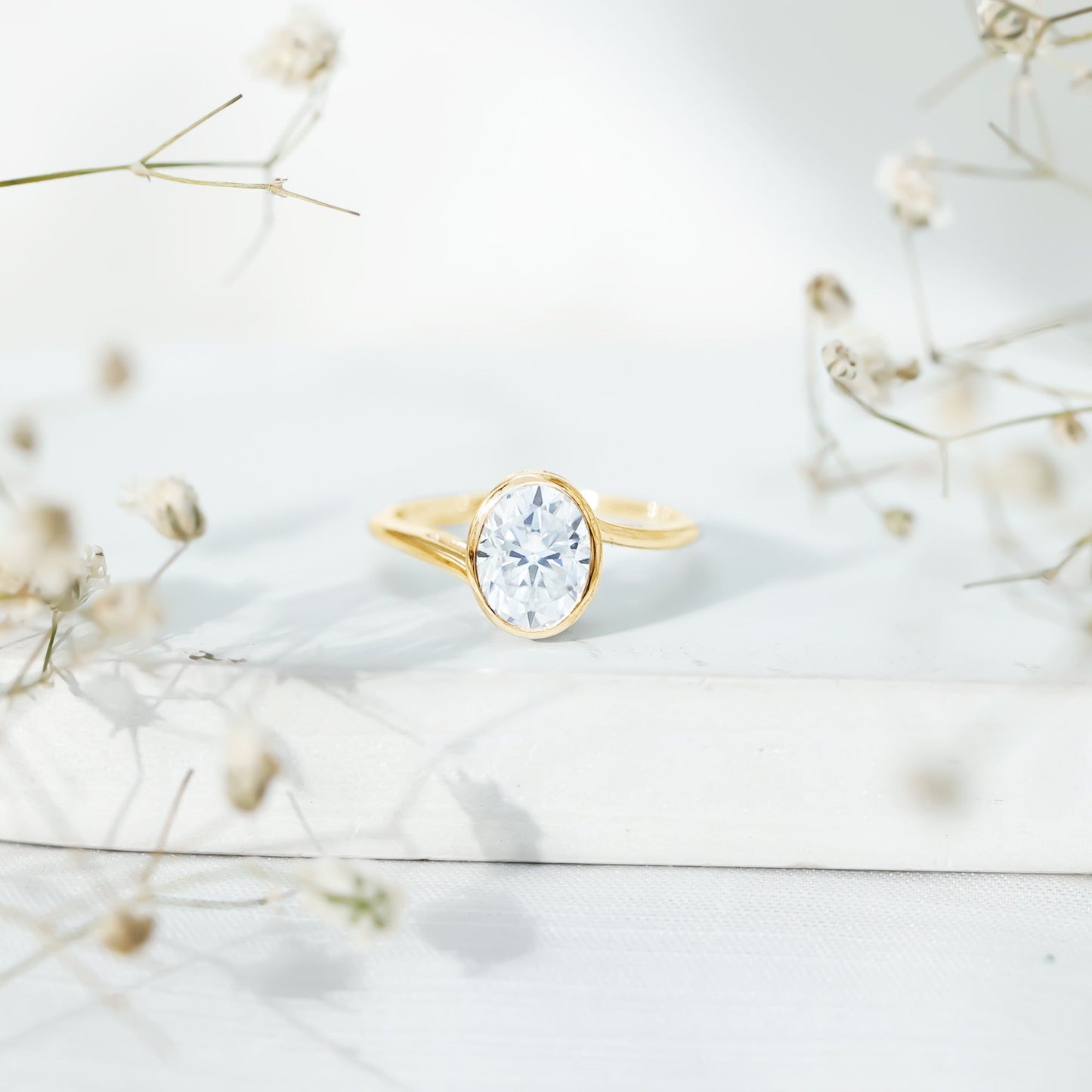 Solitaire 2 Carat Moissanite Bezel Set Engagement Ring with Bypass Shank