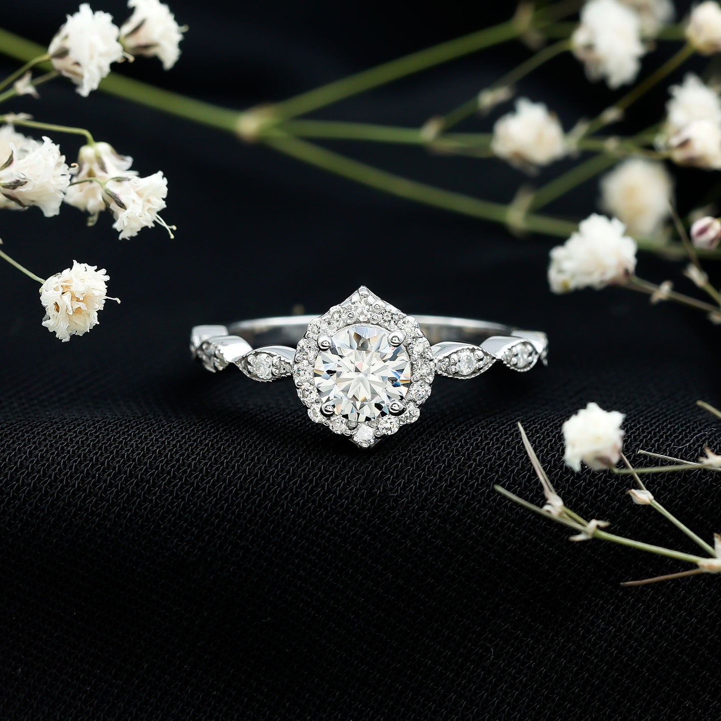 Antique Style Moissanite Halo Engagement Ring