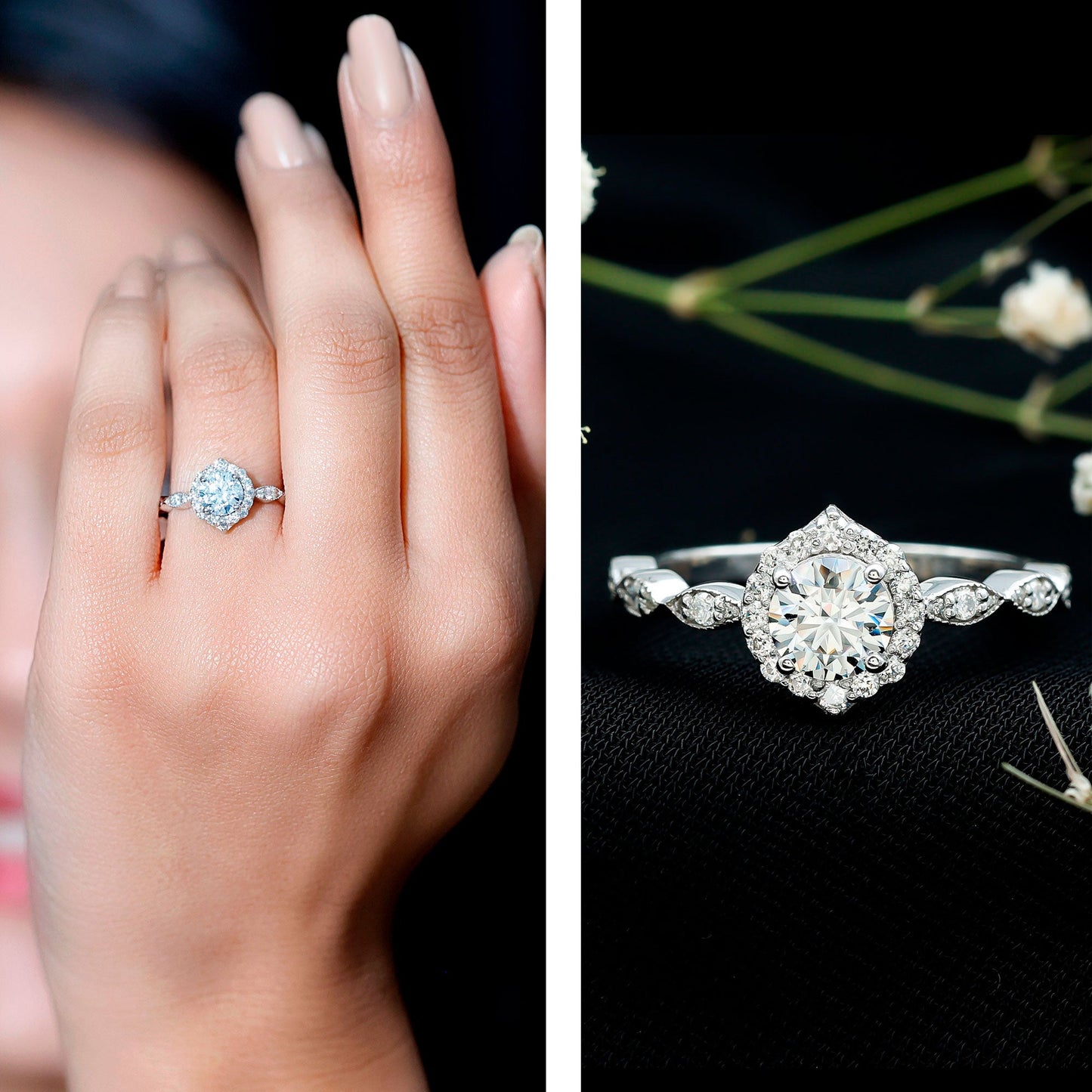 Antique Style Moissanite Halo Engagement Ring