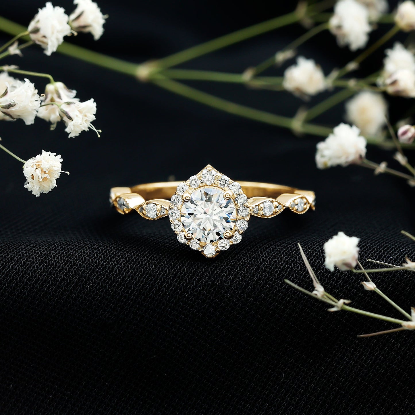 Antique Style Moissanite Halo Engagement Ring